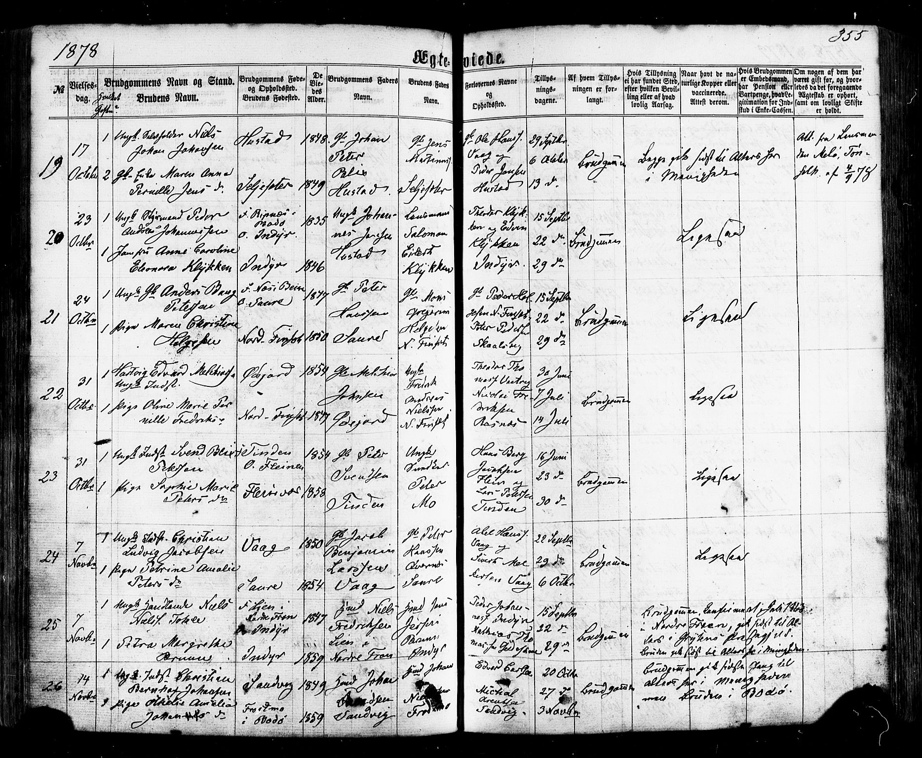 Ministerialprotokoller, klokkerbøker og fødselsregistre - Nordland, AV/SAT-A-1459/805/L0098: Parish register (official) no. 805A05, 1862-1879, p. 355