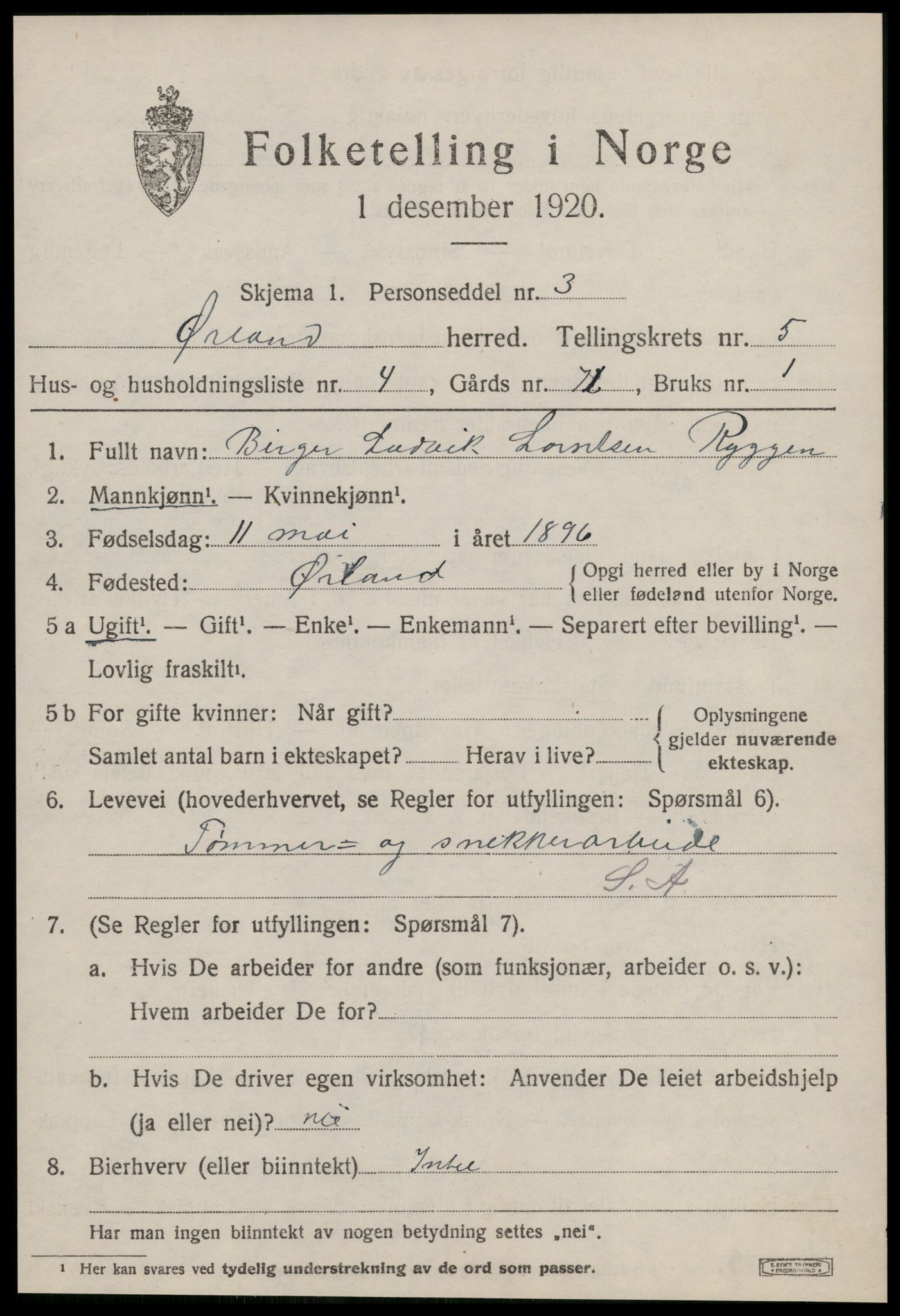 SAT, 1920 census for Ørland, 1920, p. 4515