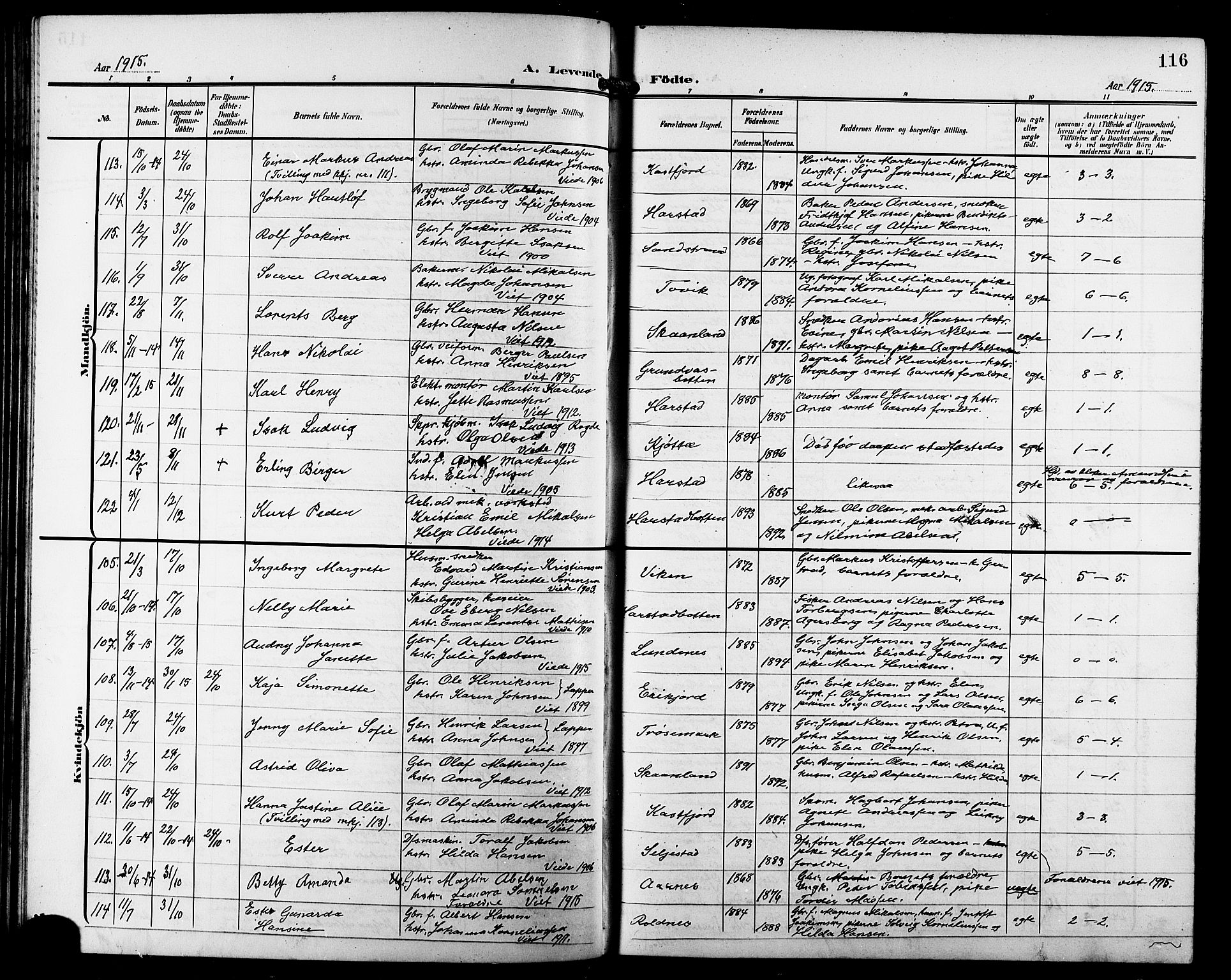 Trondenes sokneprestkontor, AV/SATØ-S-1319/H/Hb/L0012klokker: Parish register (copy) no. 12, 1907-1916, p. 116