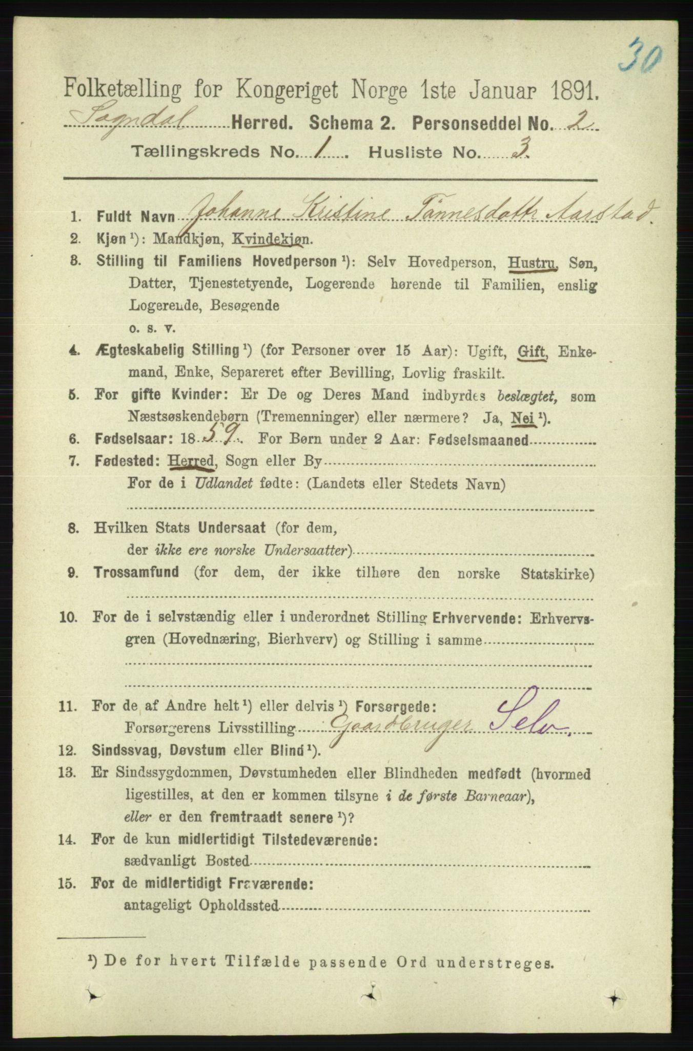 RA, 1891 census for 1111 Sokndal, 1891, p. 101