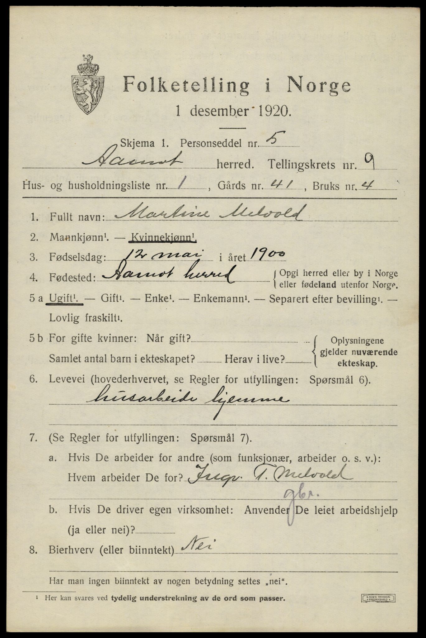 SAH, 1920 census for Åmot, 1920, p. 8195