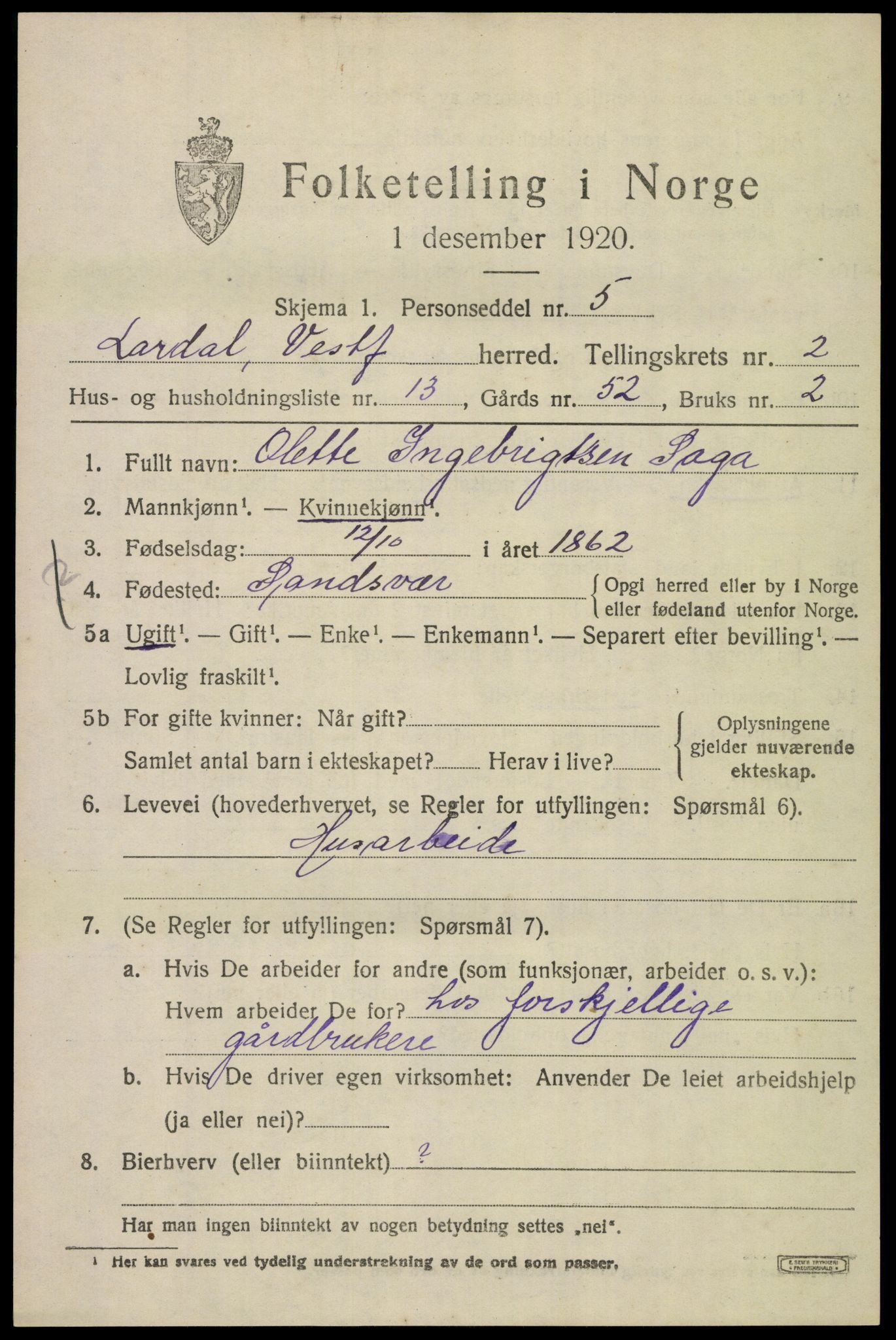 SAKO, 1920 census for Lardal, 1920, p. 2129