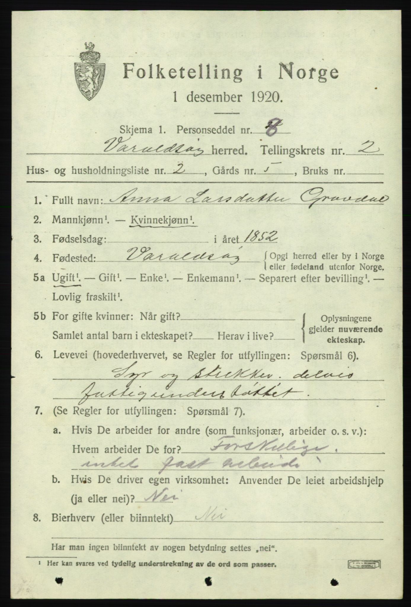 SAB, 1920 census for Varaldsøy, 1920, p. 761