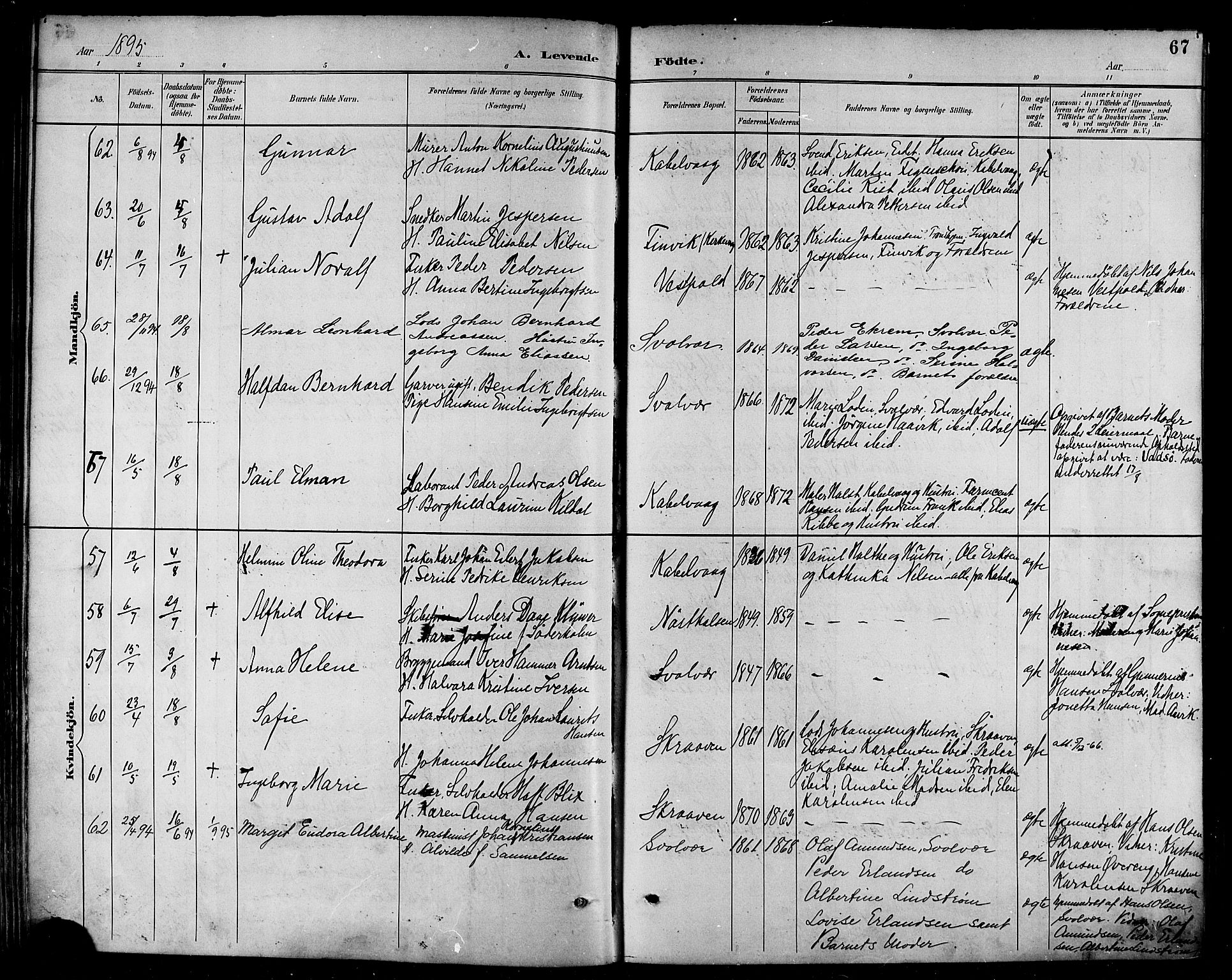 Ministerialprotokoller, klokkerbøker og fødselsregistre - Nordland, AV/SAT-A-1459/874/L1060: Parish register (official) no. 874A04, 1890-1899, p. 67