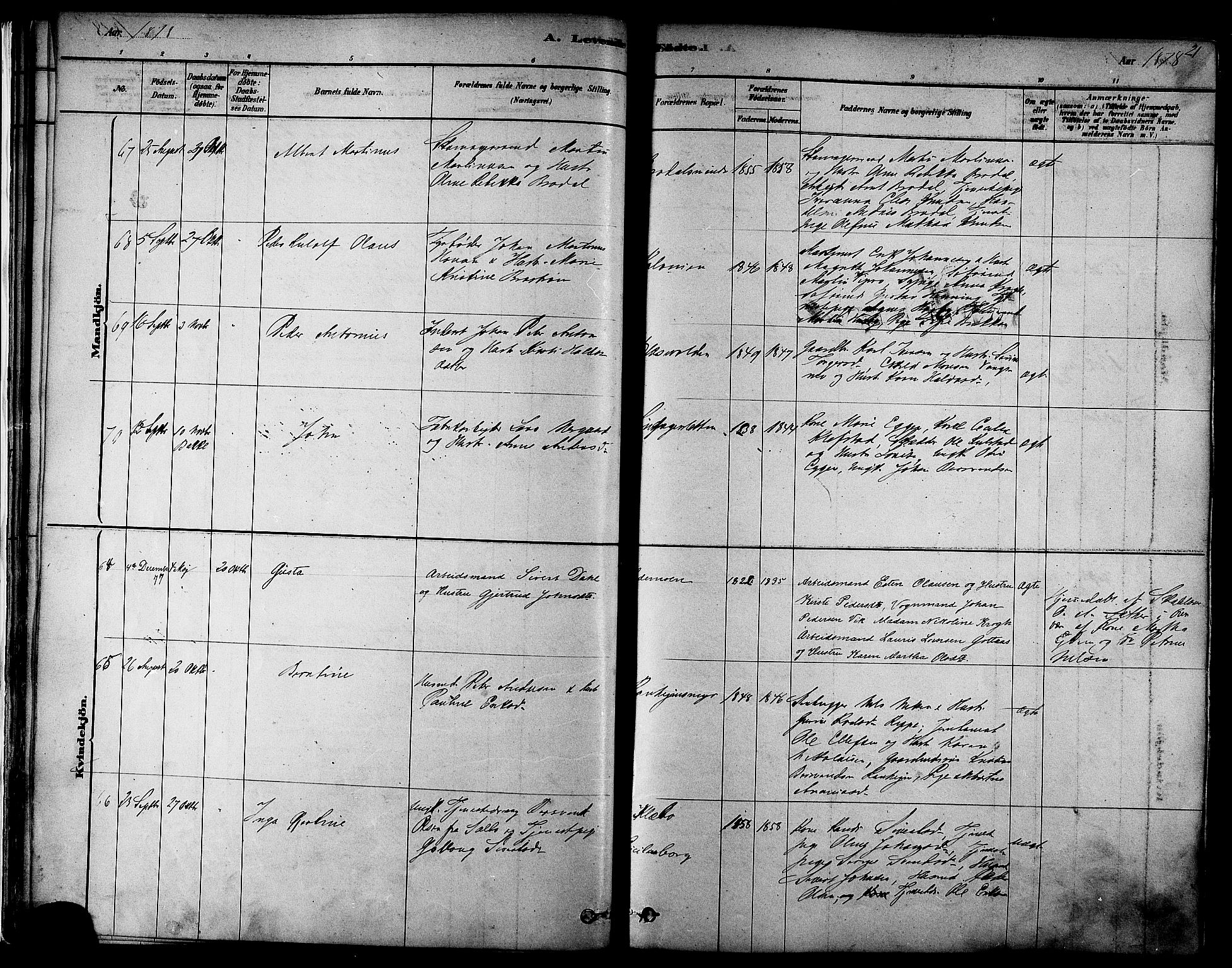 Ministerialprotokoller, klokkerbøker og fødselsregistre - Sør-Trøndelag, AV/SAT-A-1456/606/L0294: Parish register (official) no. 606A09, 1878-1886, p. 21