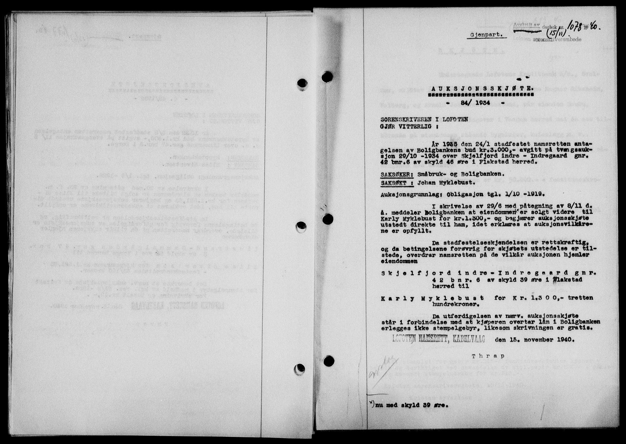 Lofoten sorenskriveri, SAT/A-0017/1/2/2C/L0008a: Mortgage book no. 8a, 1940-1941, Diary no: : 1078/1940