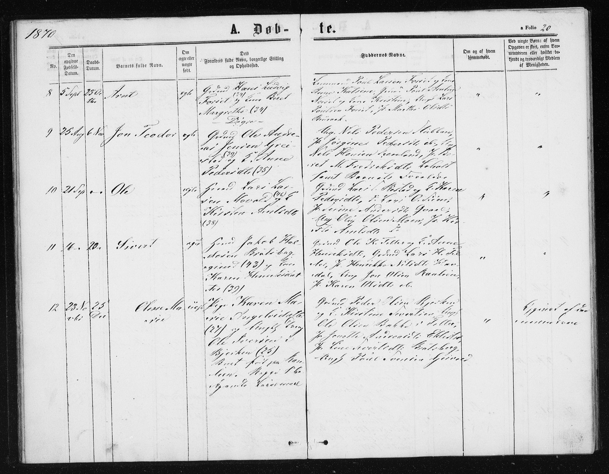 Ministerialprotokoller, klokkerbøker og fødselsregistre - Sør-Trøndelag, SAT/A-1456/608/L0333: Parish register (official) no. 608A02, 1862-1876, p. 20