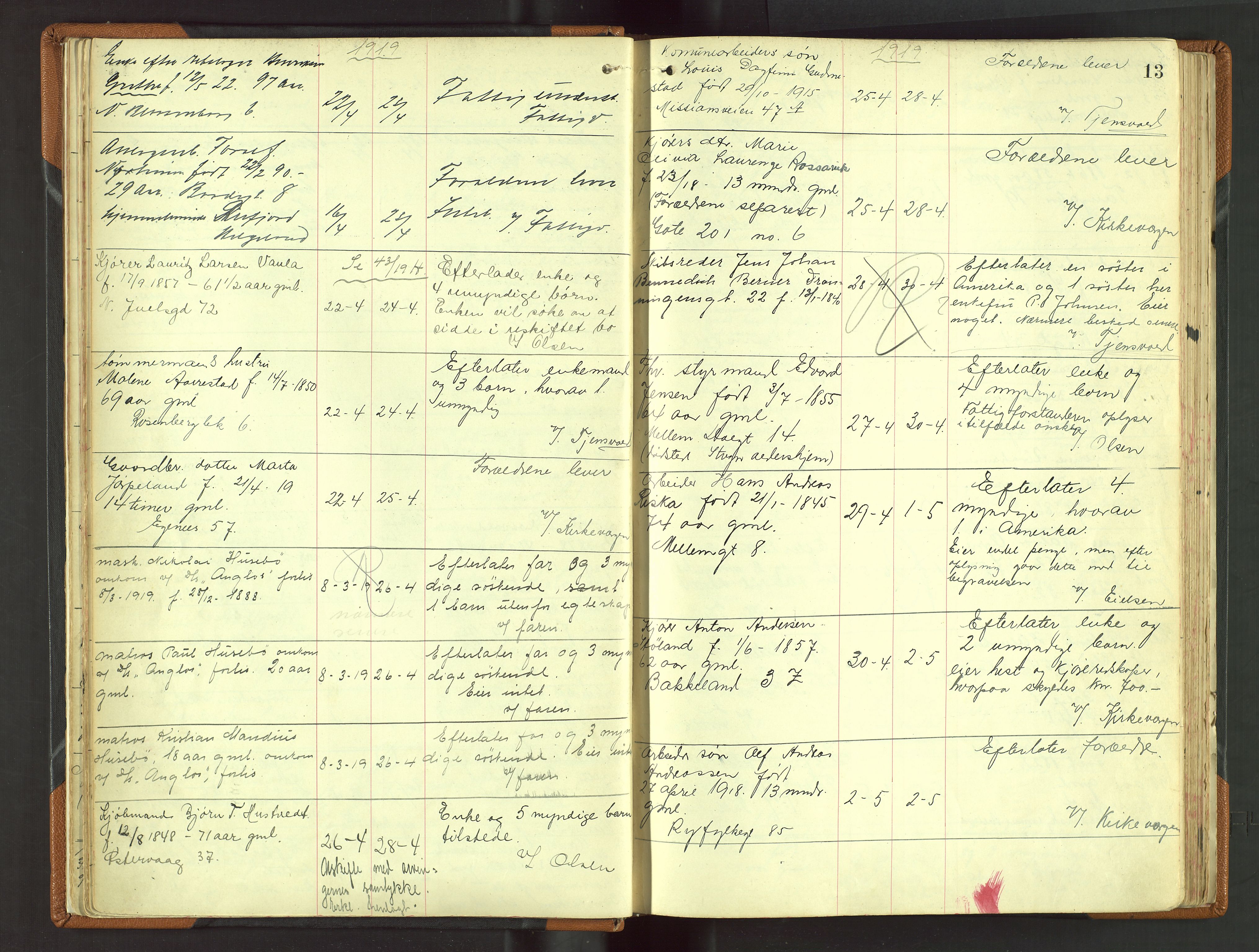 Stavanger skifteforvalter, AV/SAST-A-101412/001/5/52/52B/L0005: Dødsfallsprotokoll, 1918-1923, p. 13