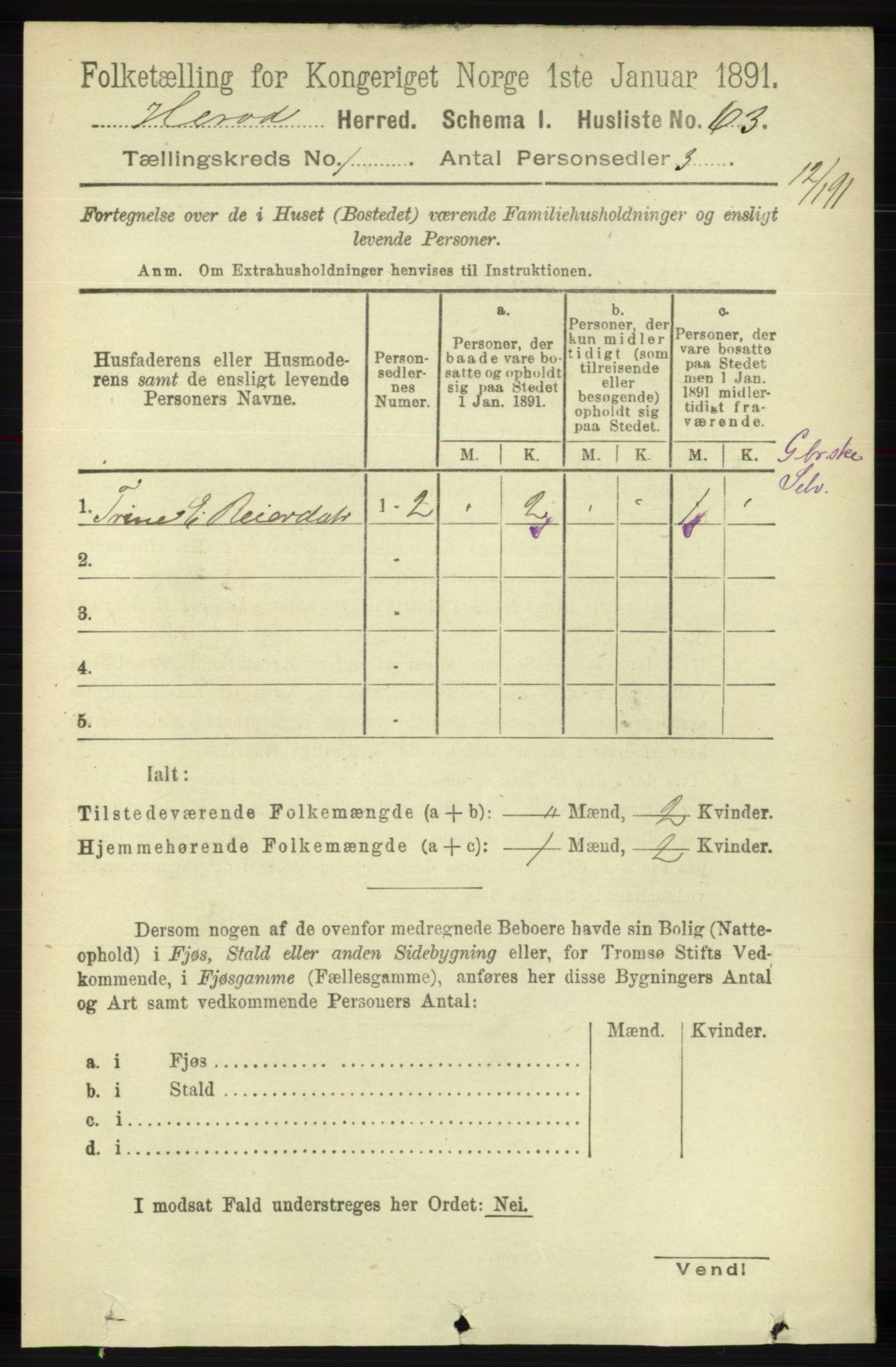 RA, 1891 census for 1039 Herad, 1891, p. 84