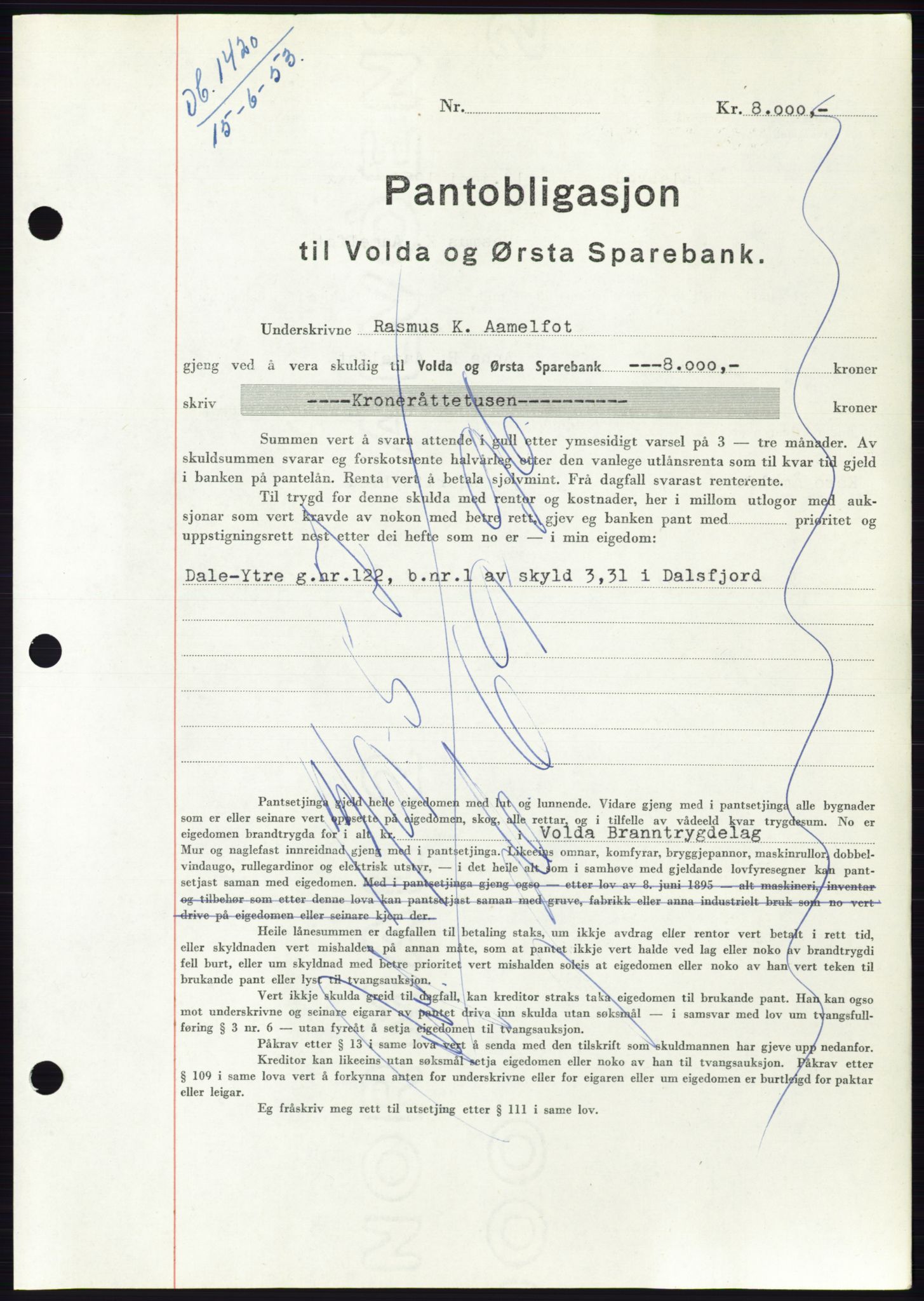 Søre Sunnmøre sorenskriveri, AV/SAT-A-4122/1/2/2C/L0123: Mortgage book no. 11B, 1953-1953, Diary no: : 1420/1953