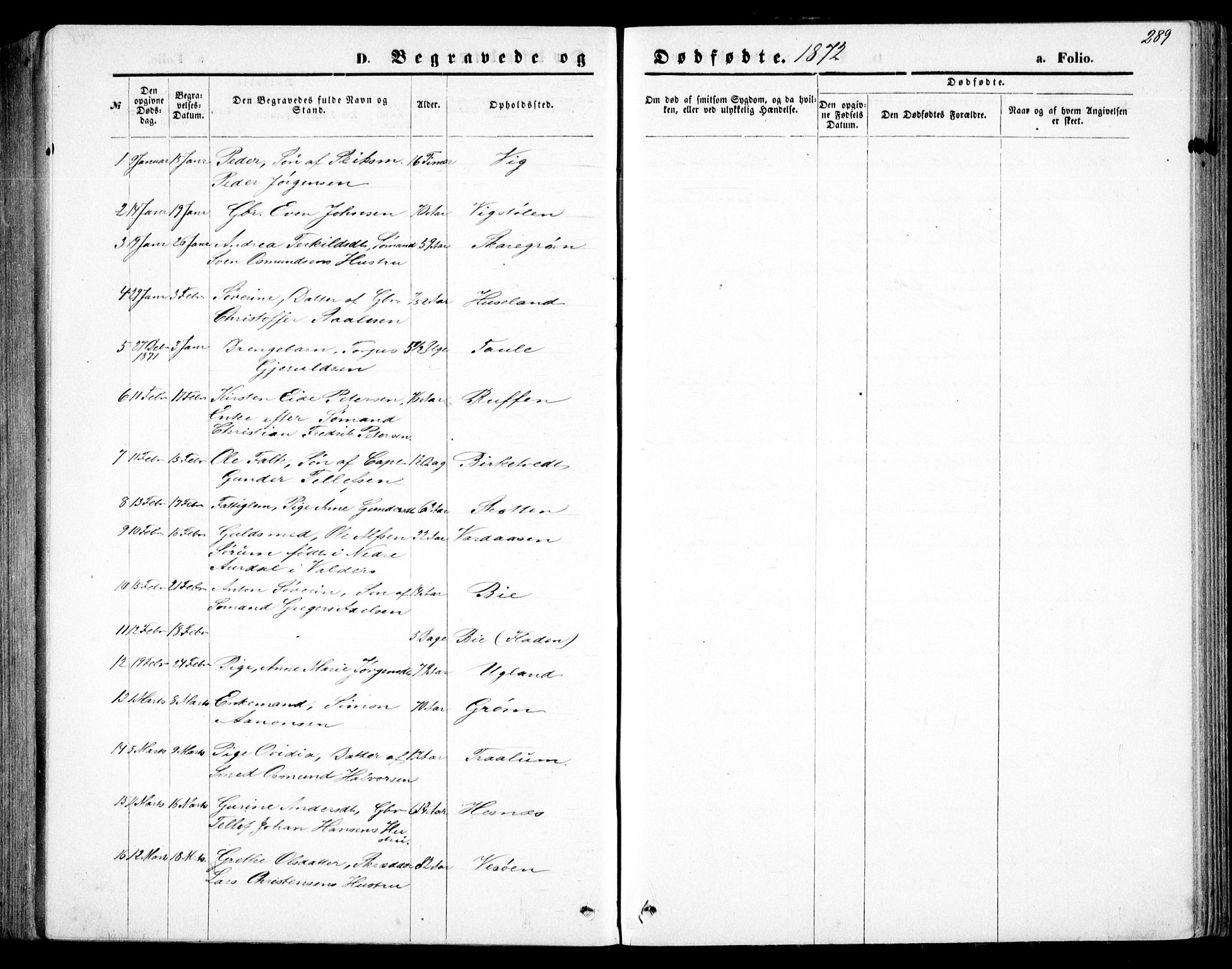 Fjære sokneprestkontor, SAK/1111-0011/F/Fb/L0010: Parish register (copy) no. B 10, 1871-1880, p. 289