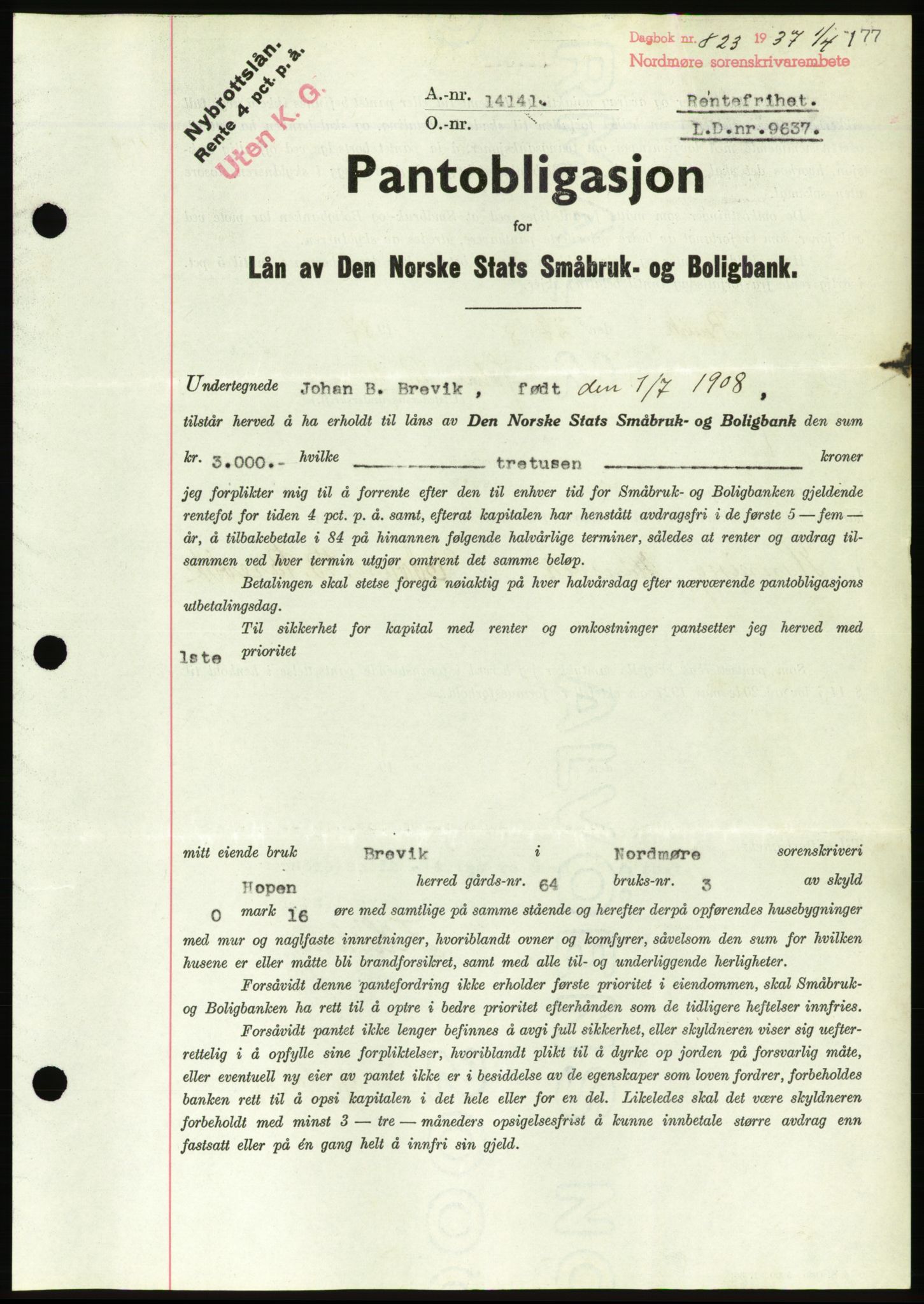 Nordmøre sorenskriveri, AV/SAT-A-4132/1/2/2Ca/L0091: Mortgage book no. B81, 1937-1937, Diary no: : 823/1937