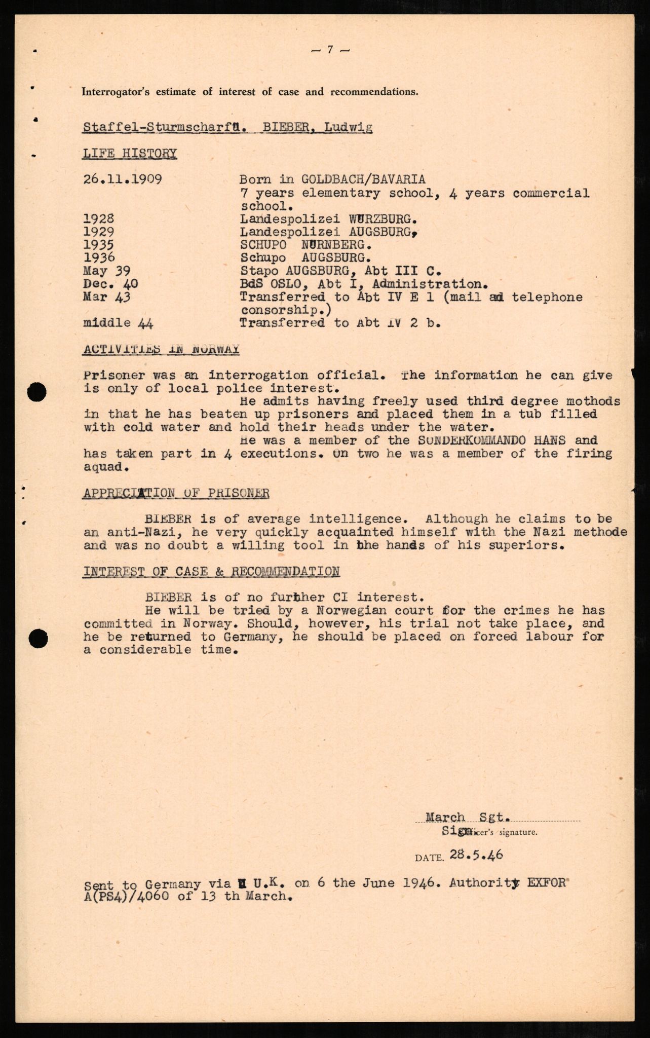 Forsvaret, Forsvarets overkommando II, RA/RAFA-3915/D/Db/L0003: CI Questionaires. Tyske okkupasjonsstyrker i Norge. Tyskere., 1945-1946, p. 151