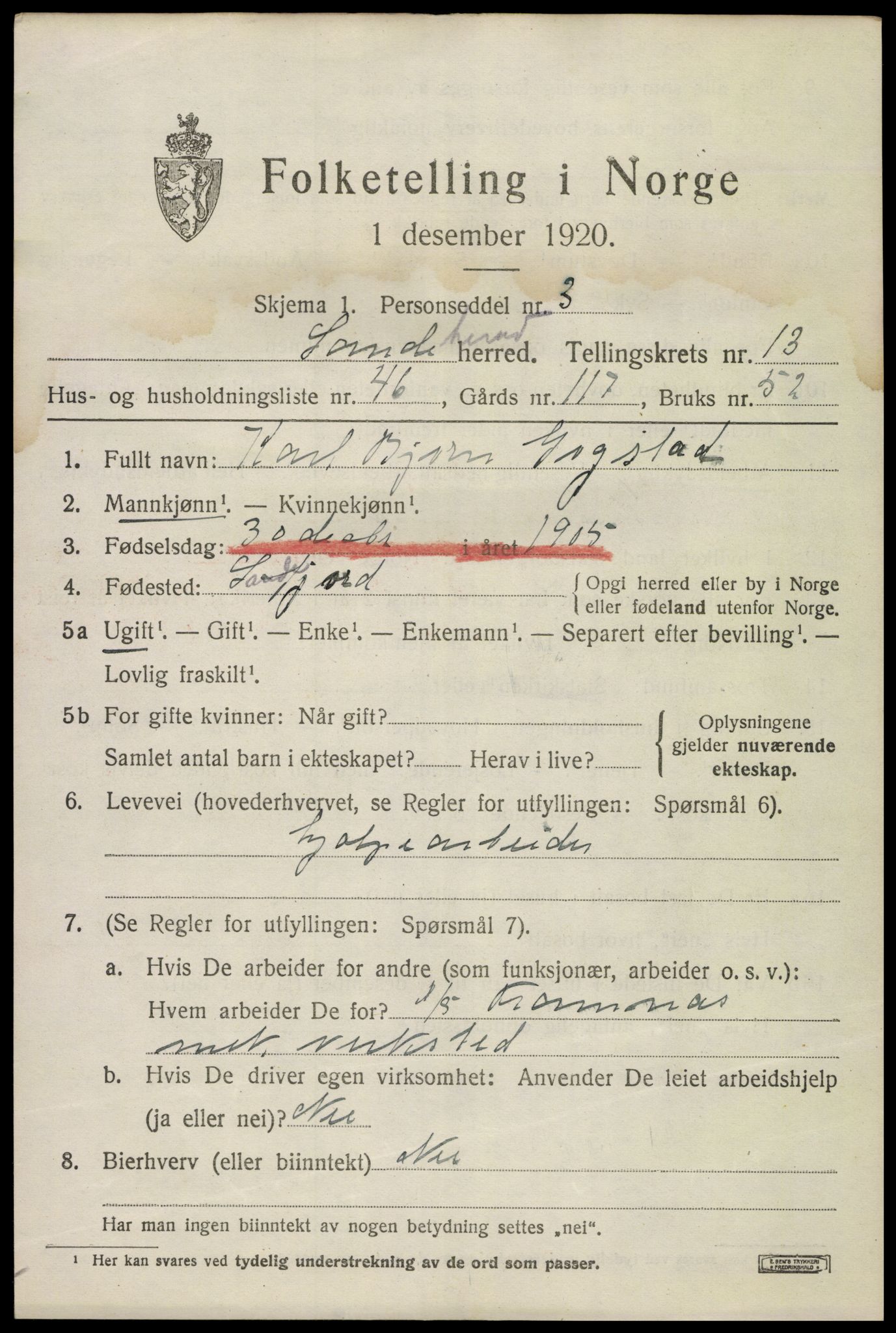 SAKO, 1920 census for Sandeherred, 1920, p. 19854