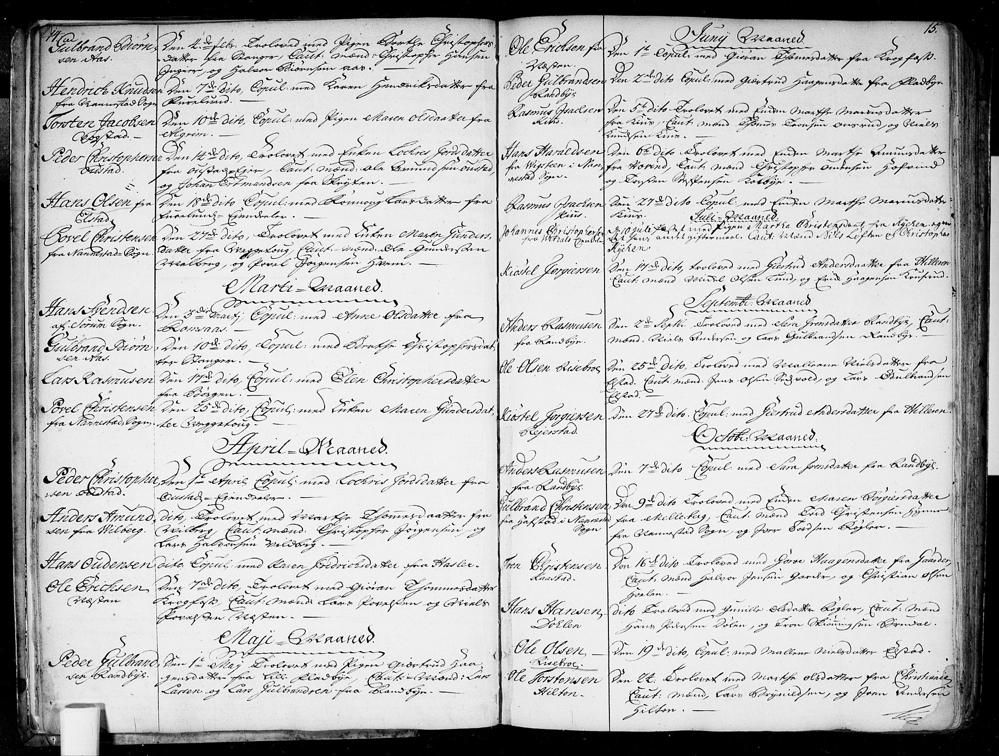 Ullensaker prestekontor Kirkebøker, SAO/A-10236a/F/Fa/L0010: Parish register (official) no. I 10, 1733-1776, p. 14-15