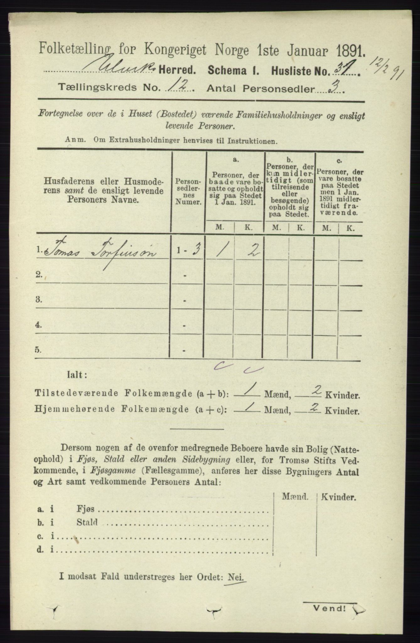 RA, 1891 census for 1233 Ulvik, 1891, p. 3633