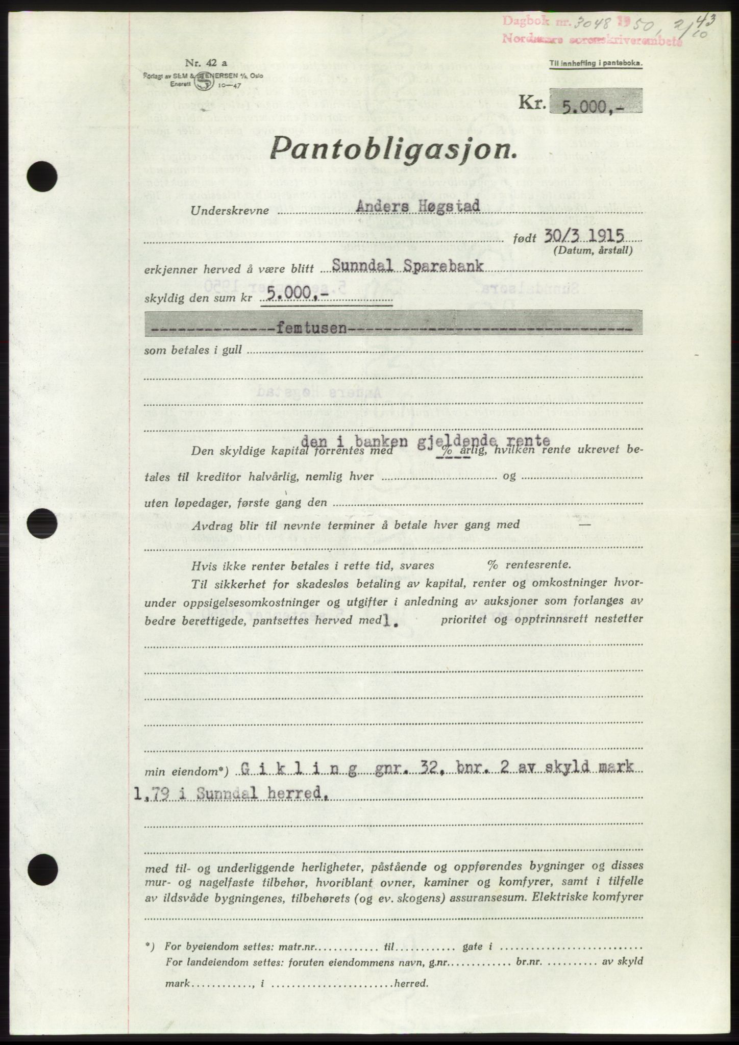 Nordmøre sorenskriveri, AV/SAT-A-4132/1/2/2Ca: Mortgage book no. B106, 1950-1950, Diary no: : 3048/1950