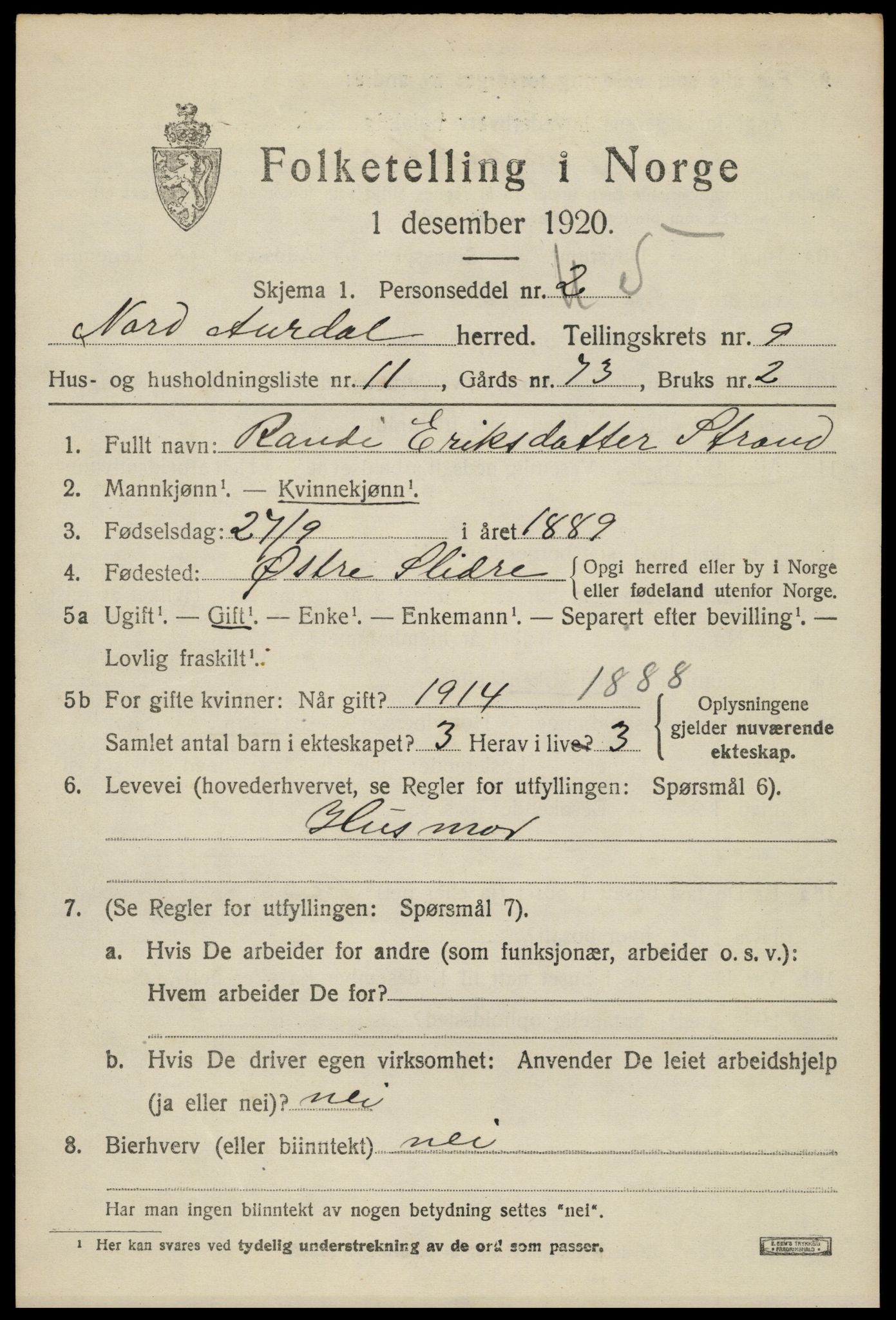 SAH, 1920 census for Nord-Aurdal, 1920, p. 7626