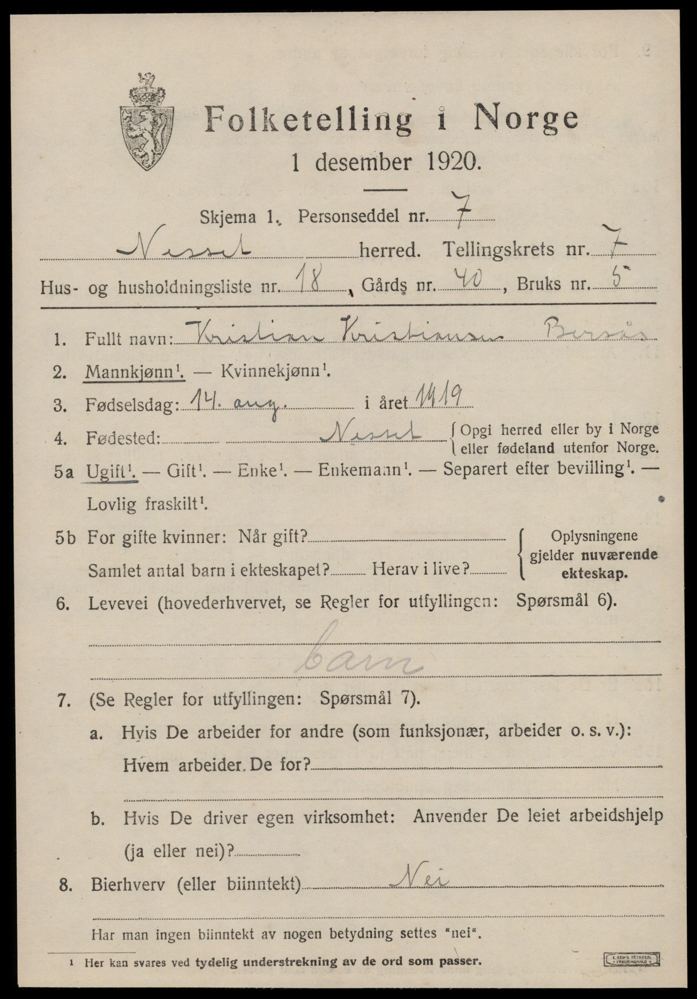 SAT, 1920 census for Nesset, 1920, p. 3466