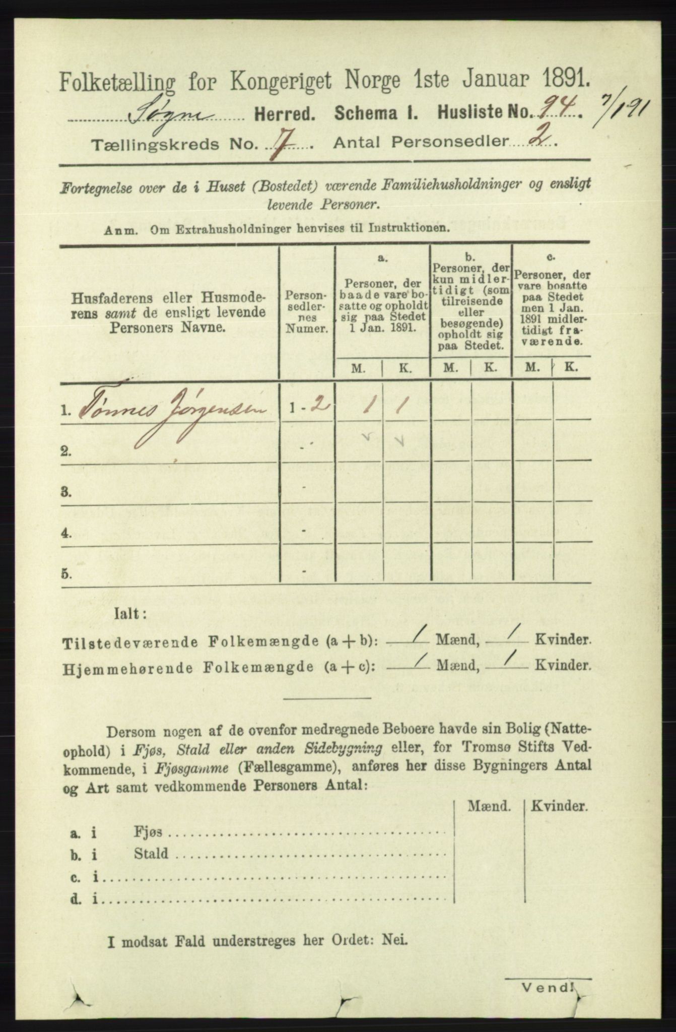 RA, 1891 census for 1018 Søgne, 1891, p. 1517