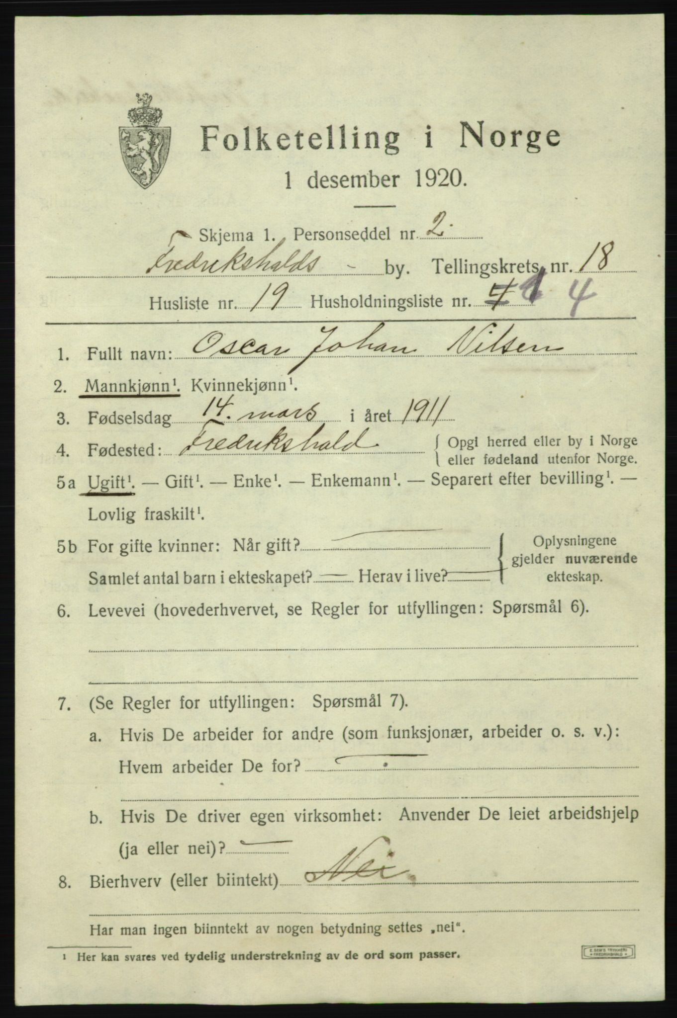 SAO, 1920 census for Fredrikshald, 1920, p. 27637