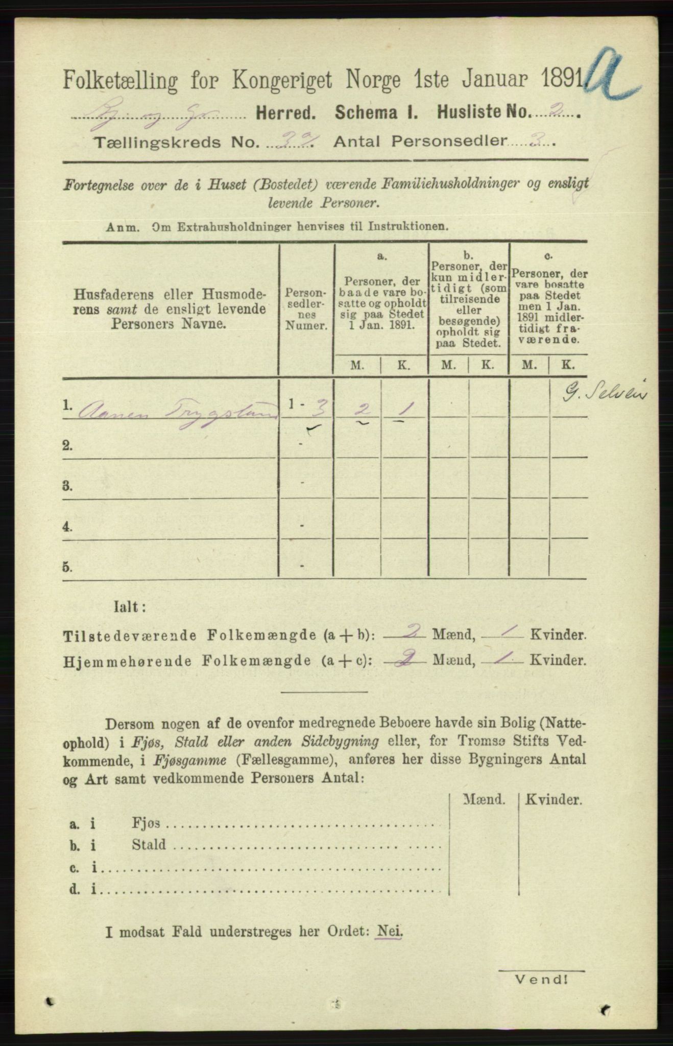 RA, 1891 census for 1024 Bjelland og Grindheim, 1891, p. 1407