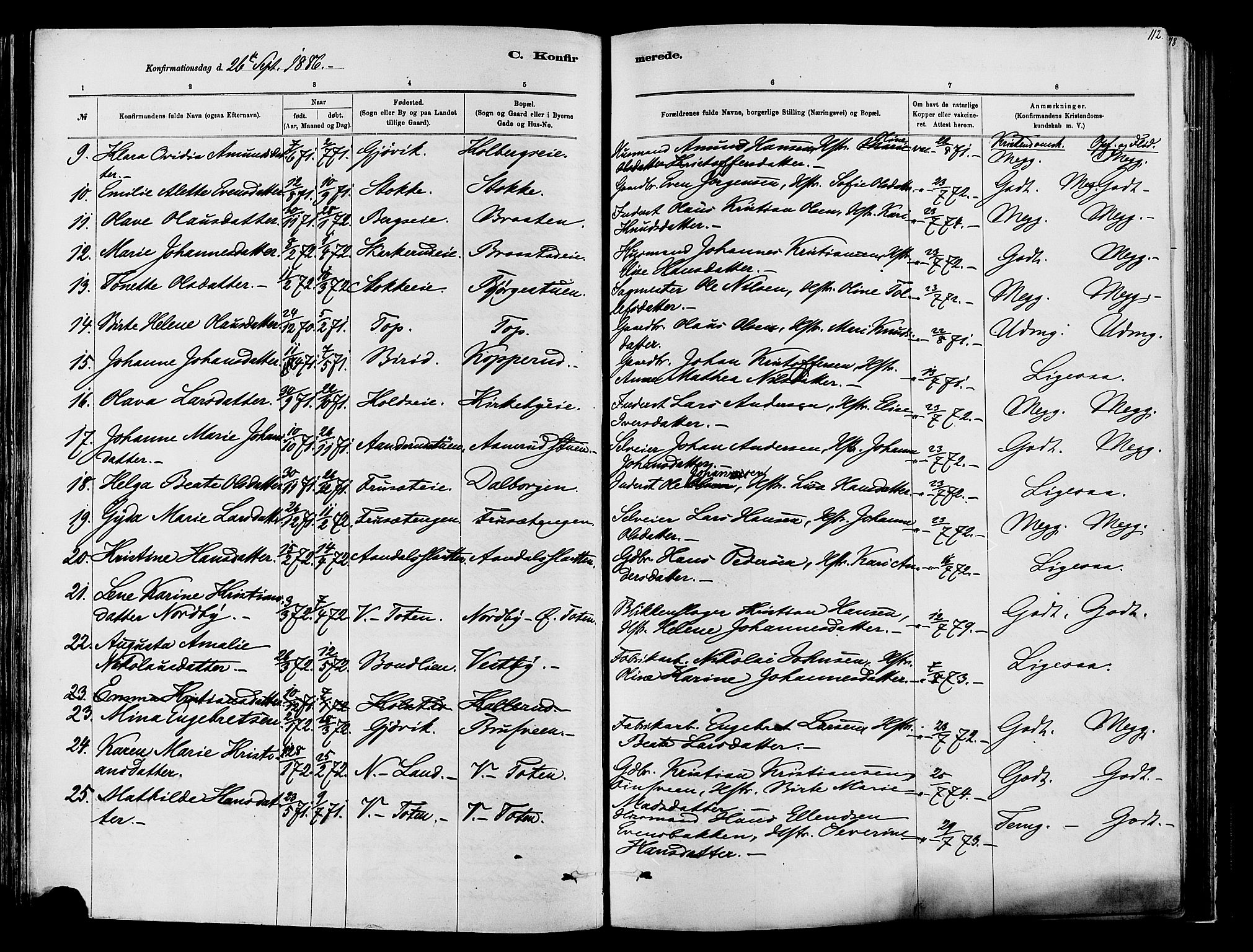 Vardal prestekontor, SAH/PREST-100/H/Ha/Haa/L0009: Parish register (official) no. 9, 1878-1892, p. 112