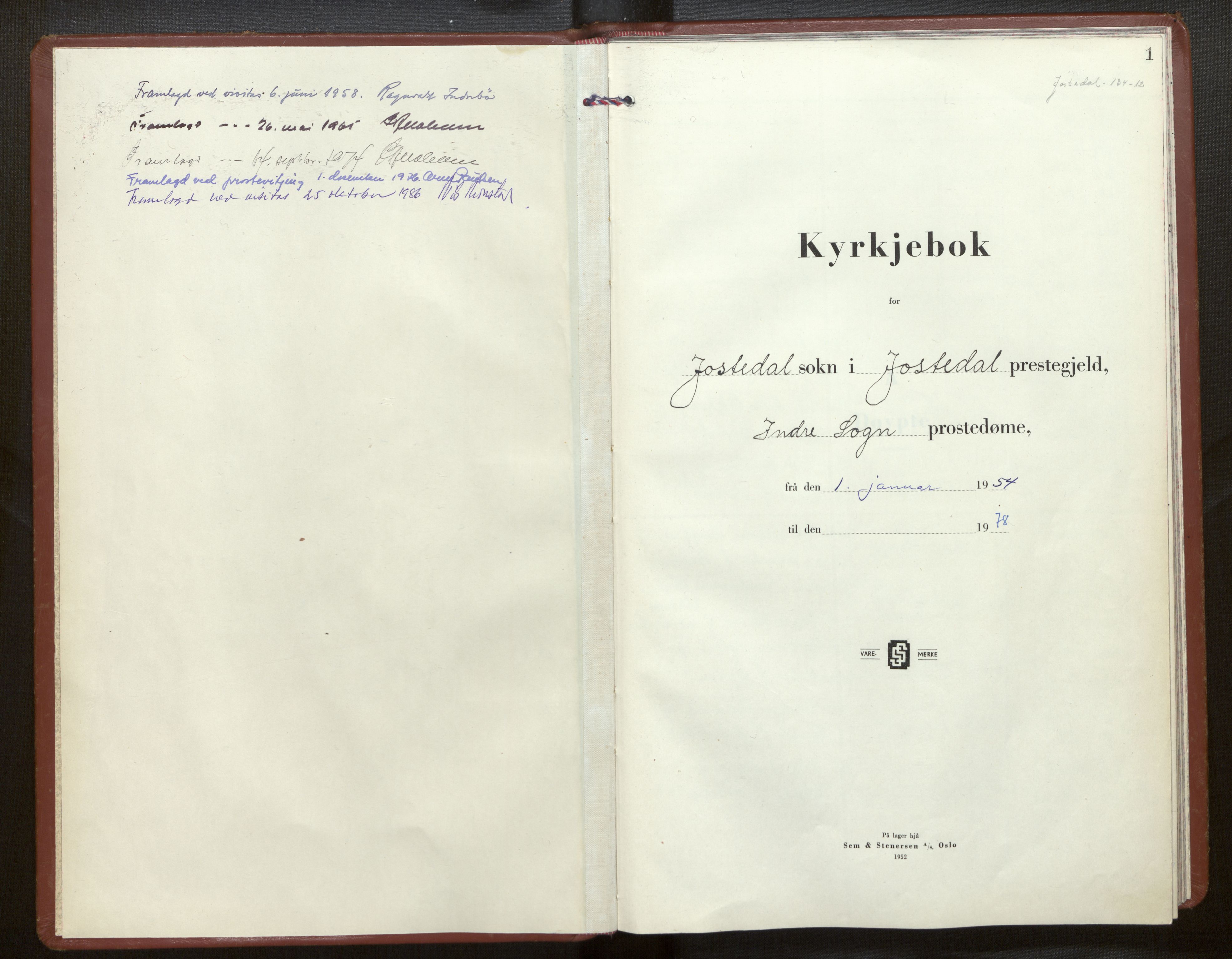 Jostedal sokneprestembete, AV/SAB-A-80601/H/Haa/Haab/L0004: Parish register (official) no. B 4, 1954-1979, p. 1