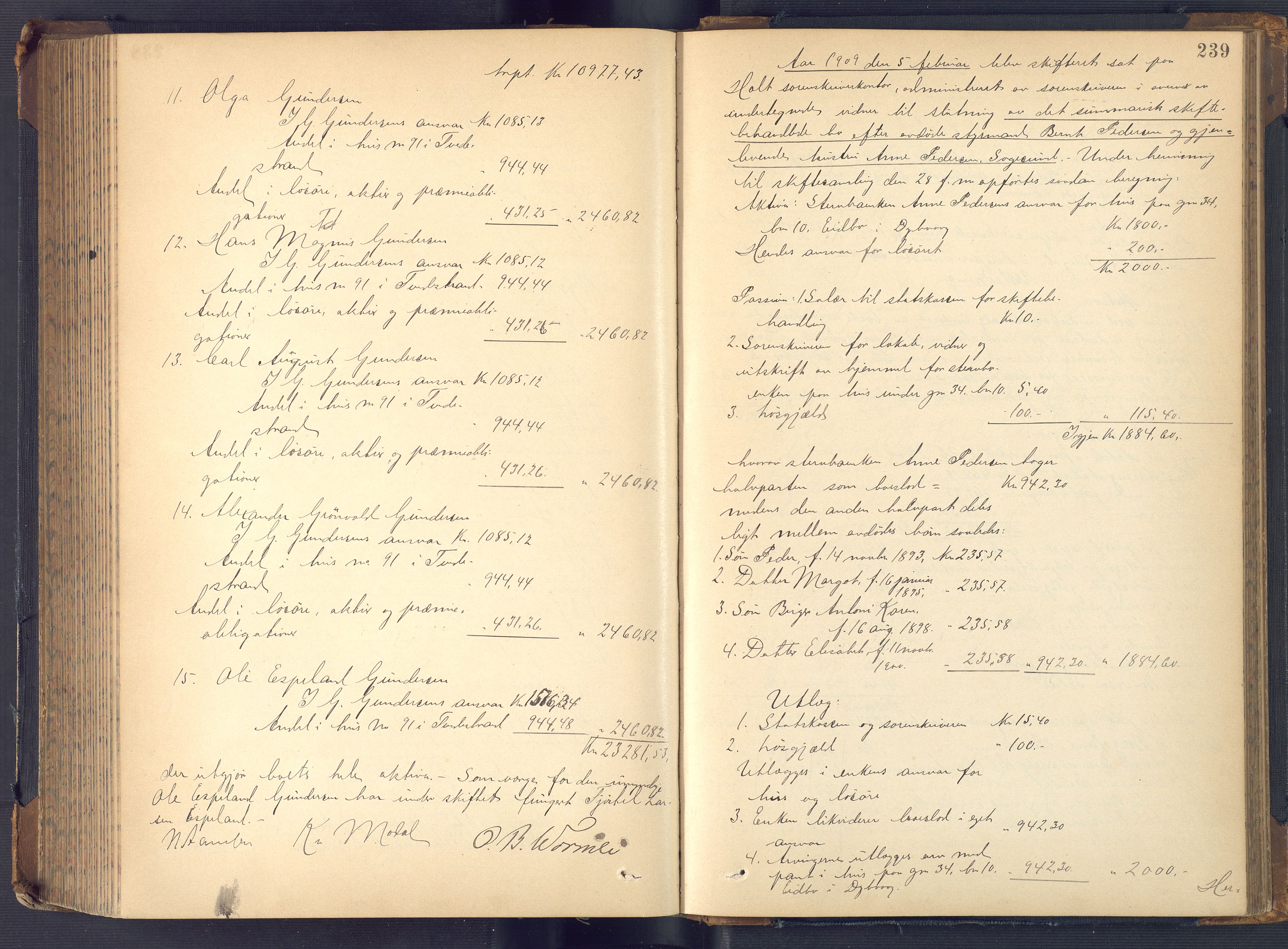 Holt sorenskriveri, AV/SAK-1221-0002/H/Hc/L0036: Skifteutlodningsprotokoll nr. 11, 1896-1911, p. 238b-239a