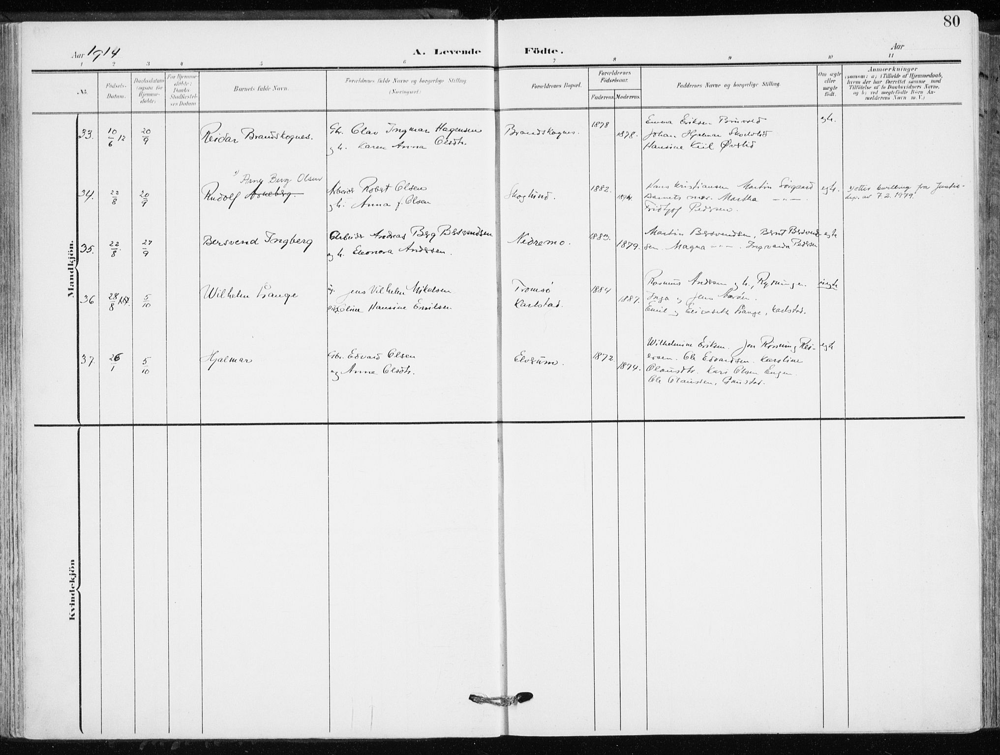 Målselv sokneprestembete, AV/SATØ-S-1311/G/Ga/Gaa/L0011kirke: Parish register (official) no. 11, 1904-1918, p. 80
