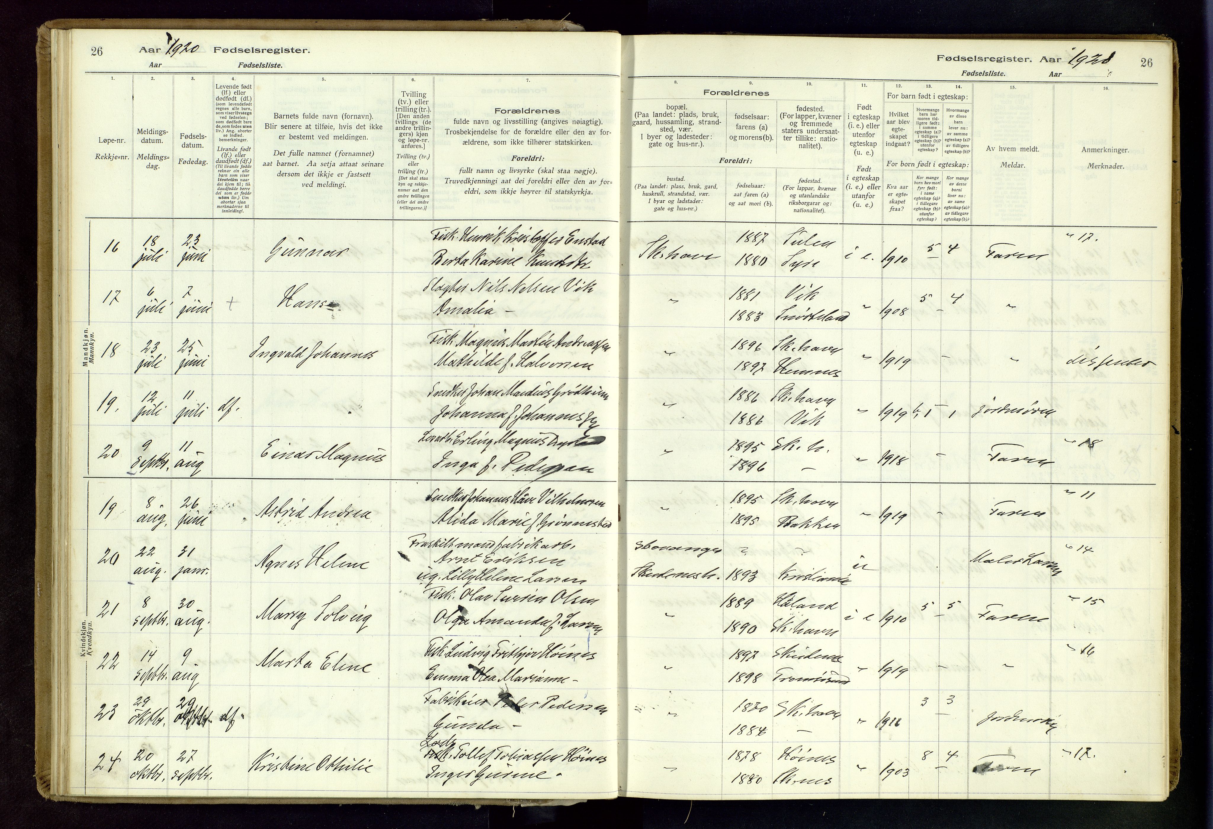 Skudenes sokneprestkontor, AV/SAST-A -101849/I/Id/L0003: Birth register no. 3, 1916-1964, p. 26