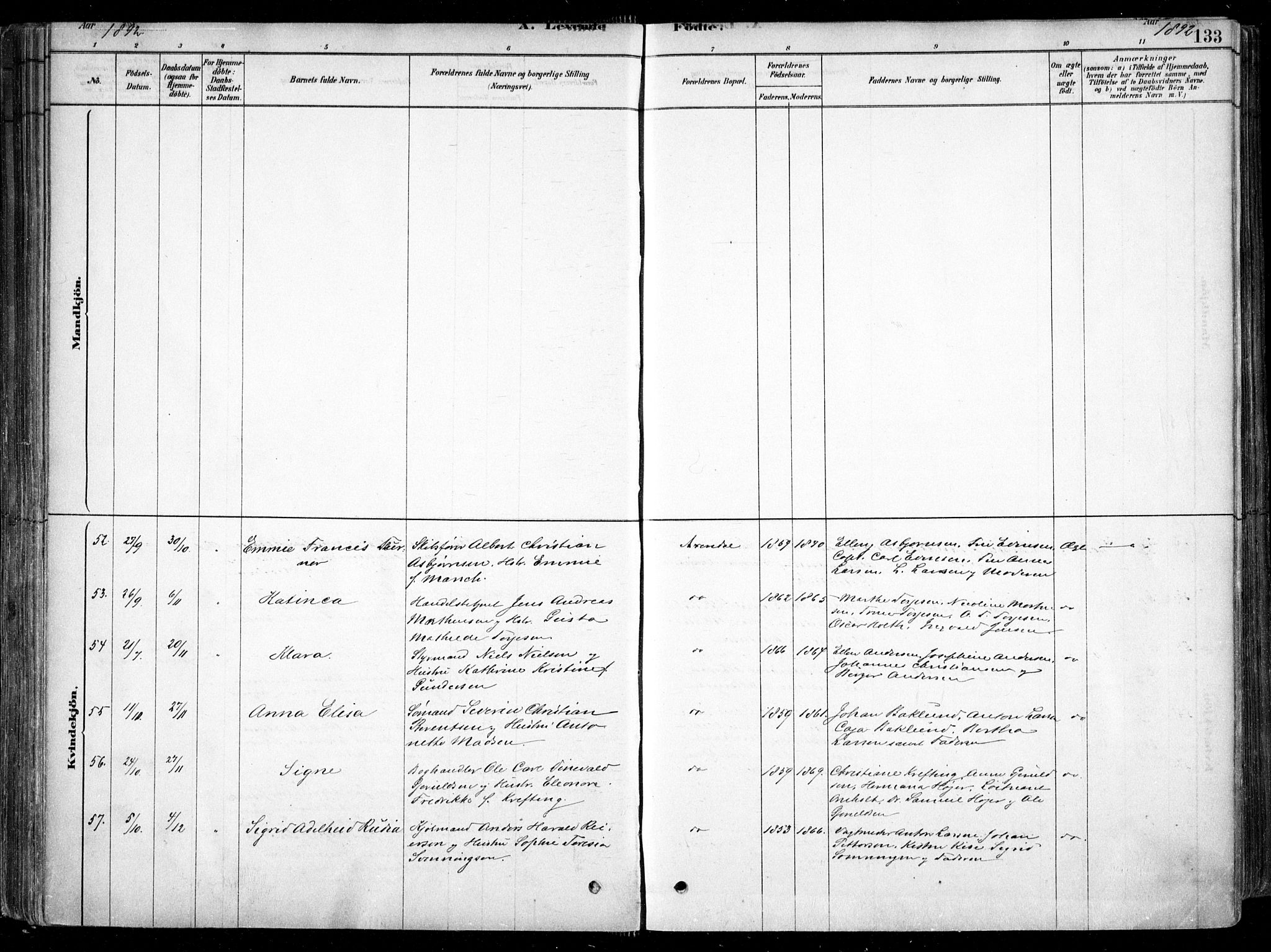 Arendal sokneprestkontor, Trefoldighet, AV/SAK-1111-0040/F/Fa/L0008: Parish register (official) no. A 8, 1878-1899, p. 133