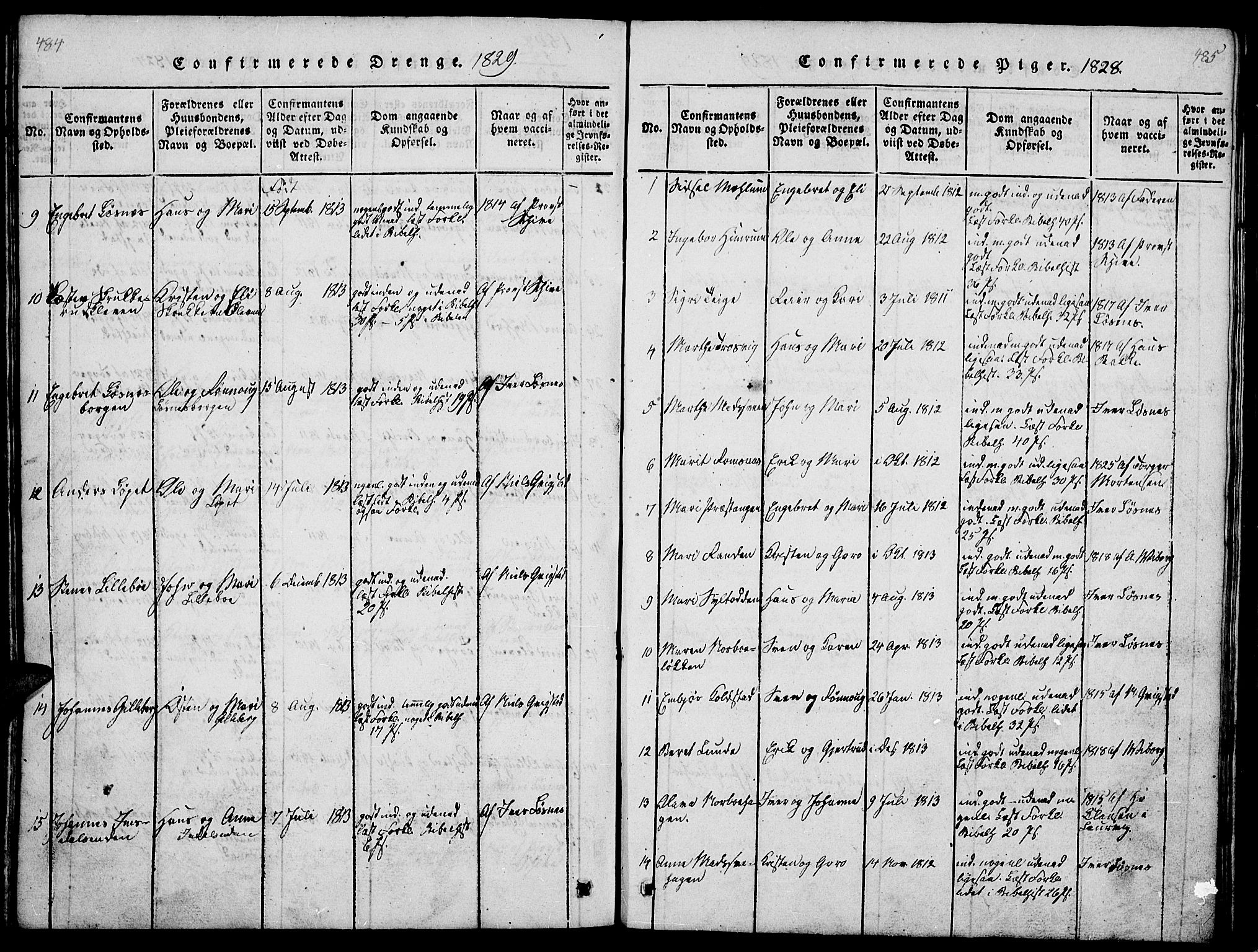 Ringebu prestekontor, SAH/PREST-082/H/Ha/Hab/L0001: Parish register (copy) no. 1, 1821-1839, p. 484-485
