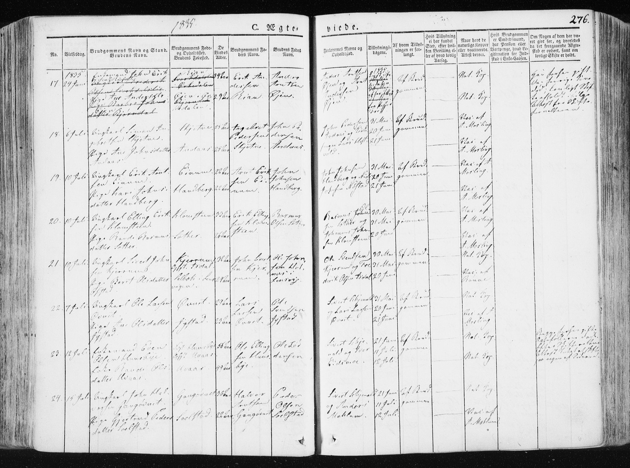 Ministerialprotokoller, klokkerbøker og fødselsregistre - Sør-Trøndelag, AV/SAT-A-1456/665/L0771: Parish register (official) no. 665A06, 1830-1856, p. 276