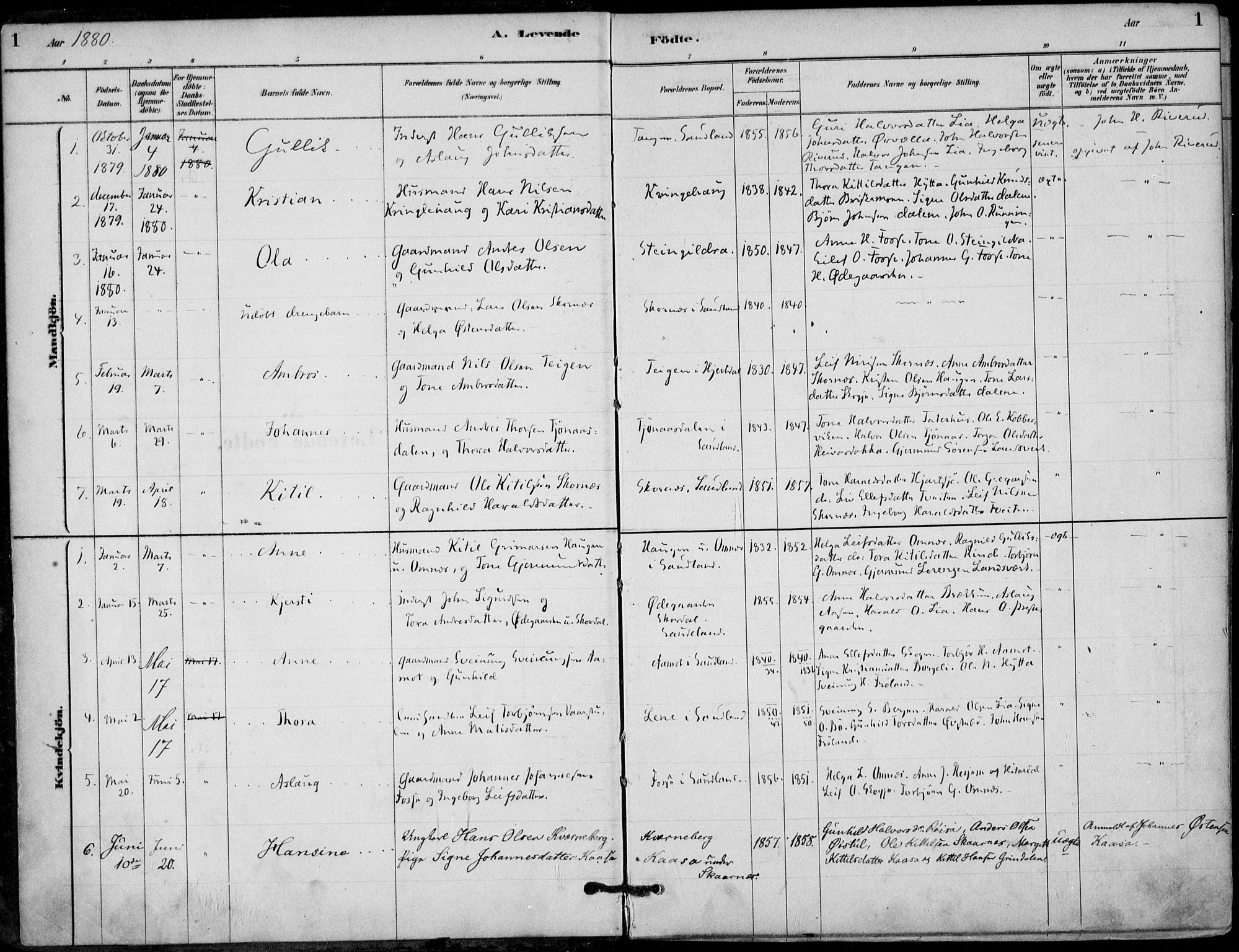 Hjartdal kirkebøker, AV/SAKO-A-270/F/Fb/L0002: Parish register (official) no. II 2, 1880-1932, p. 1