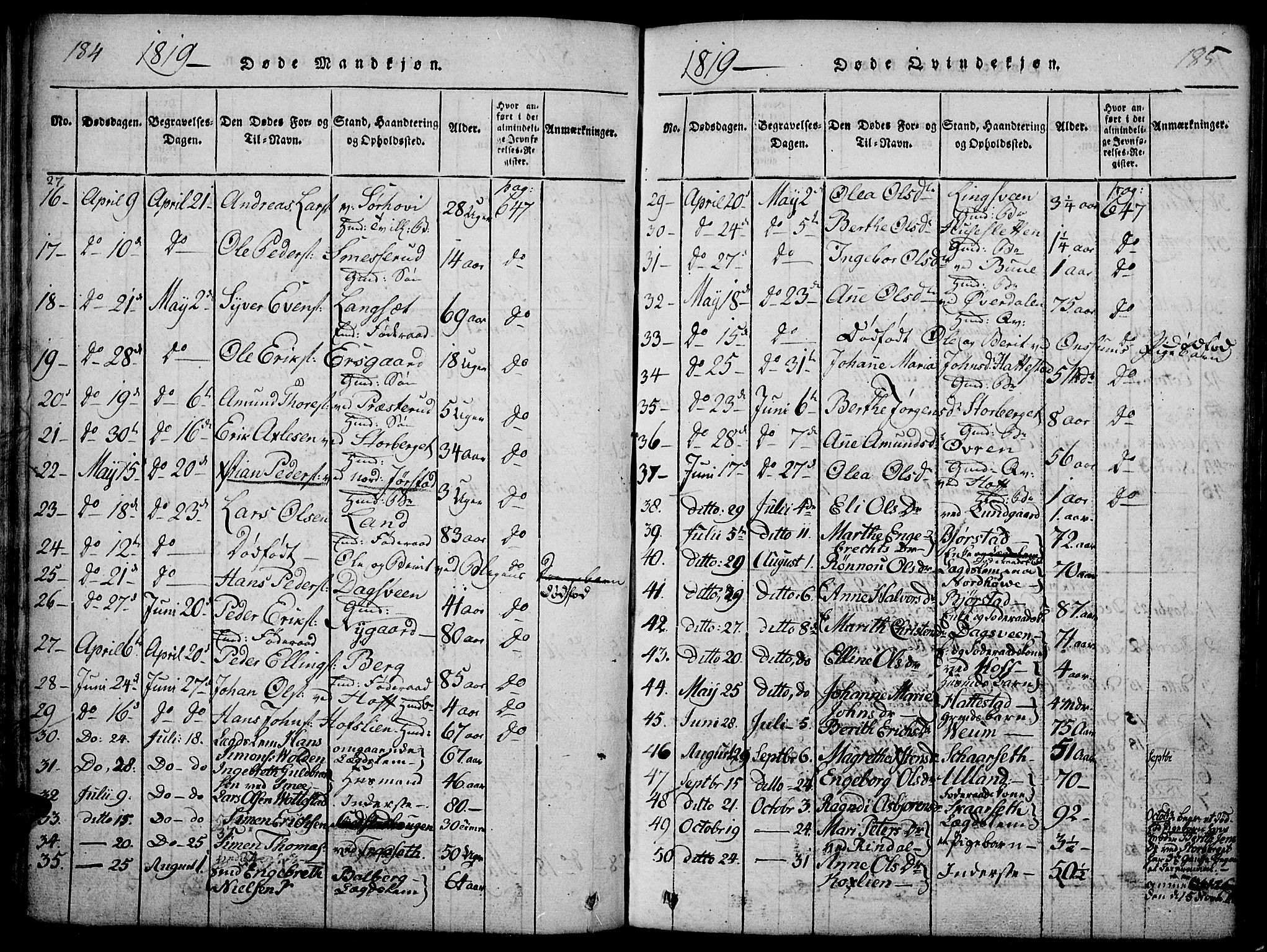 Fåberg prestekontor, SAH/PREST-086/H/Ha/Haa/L0003: Parish register (official) no. 3, 1818-1833, p. 184-185