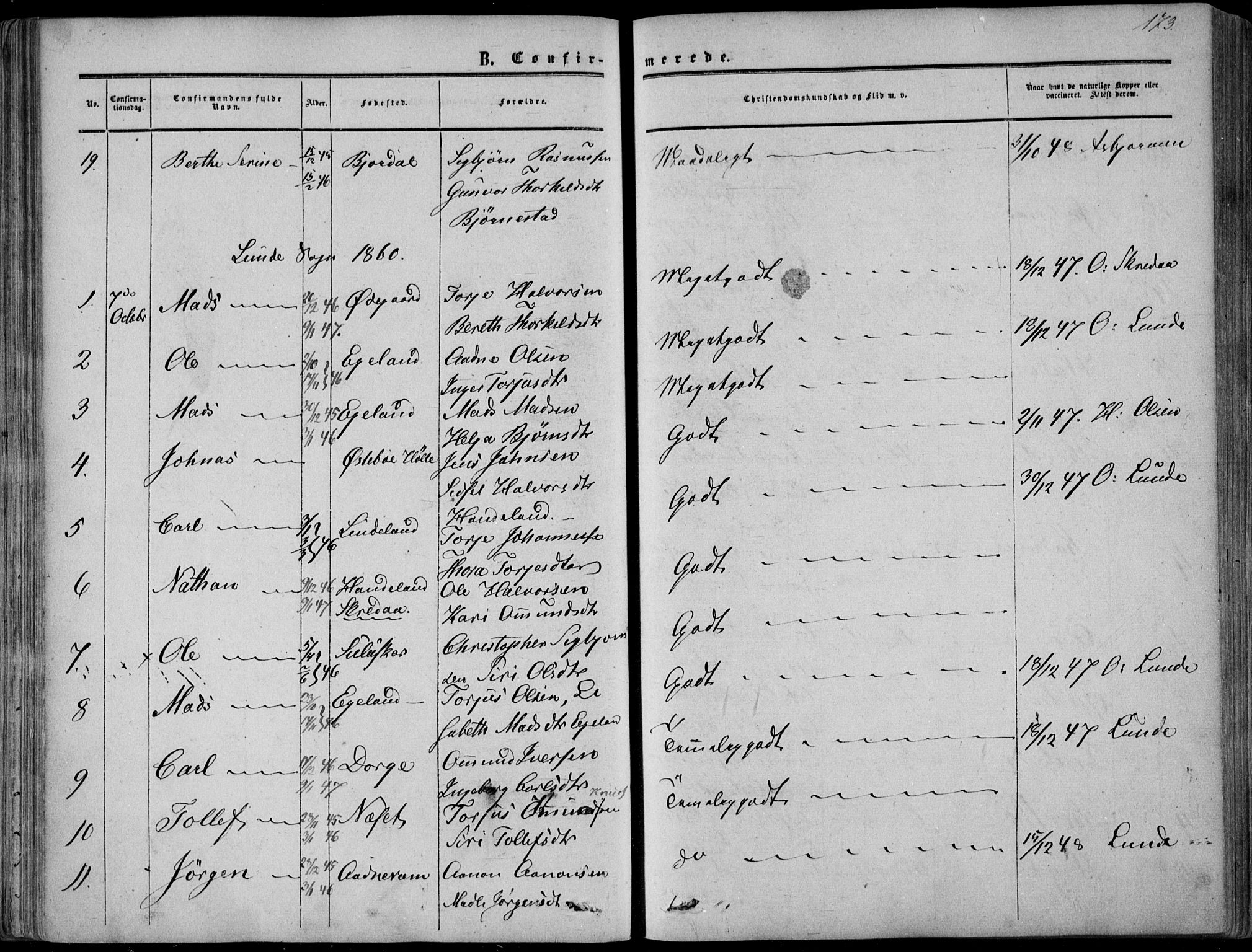 Sirdal sokneprestkontor, AV/SAK-1111-0036/F/Fa/Fab/L0002: Parish register (official) no. A 2, 1855-1874, p. 173