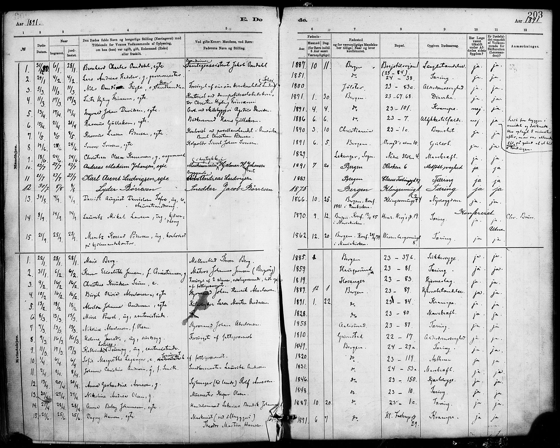 Mariakirken Sokneprestembete, SAB/A-76901/H/Haa/L0007: Parish register (official) no. A 7, 1878-1893, p. 203