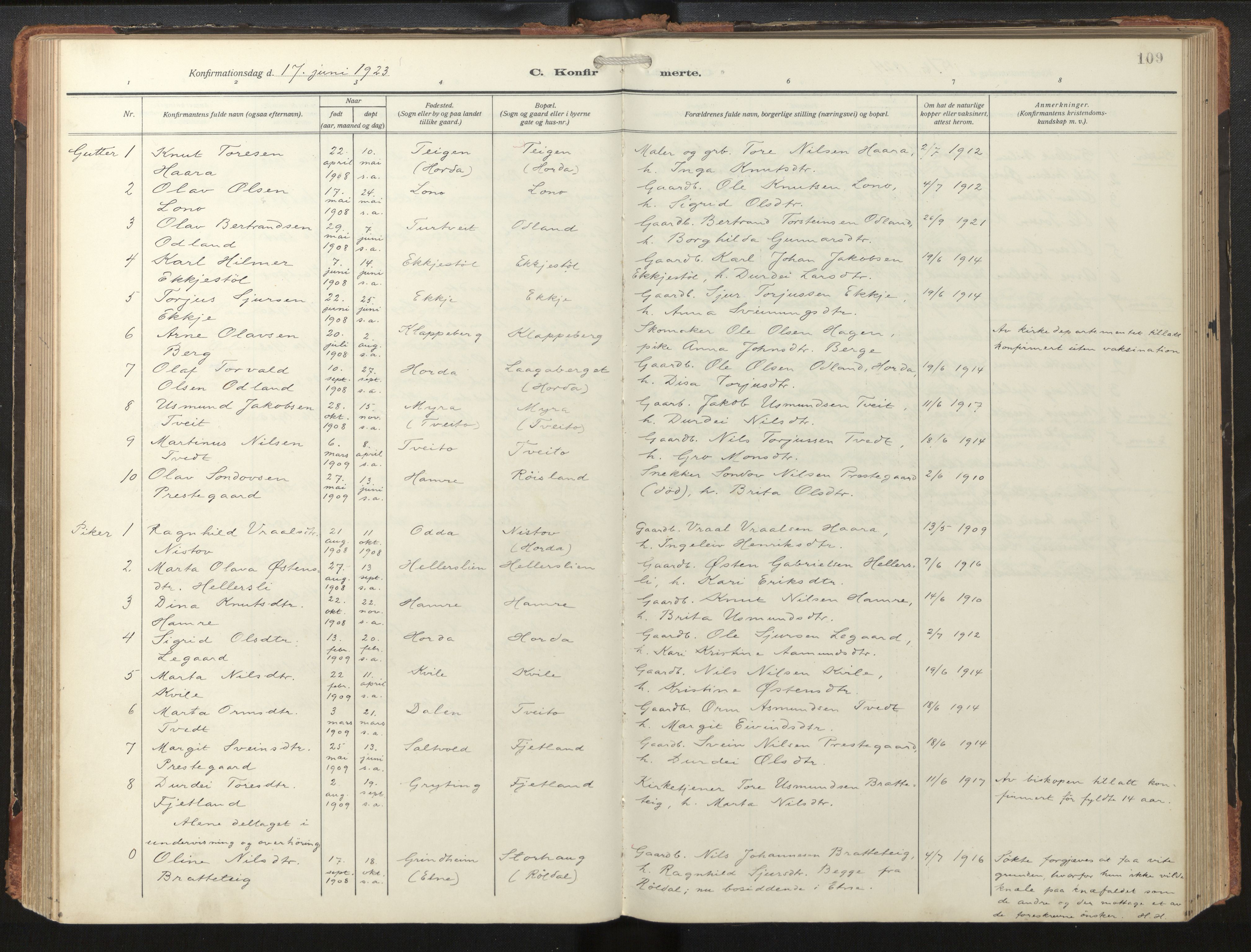 Røldal sokneprestembete, AV/SAB-A-100247: Parish register (official) no. A 6, 1918-1957, p. 109