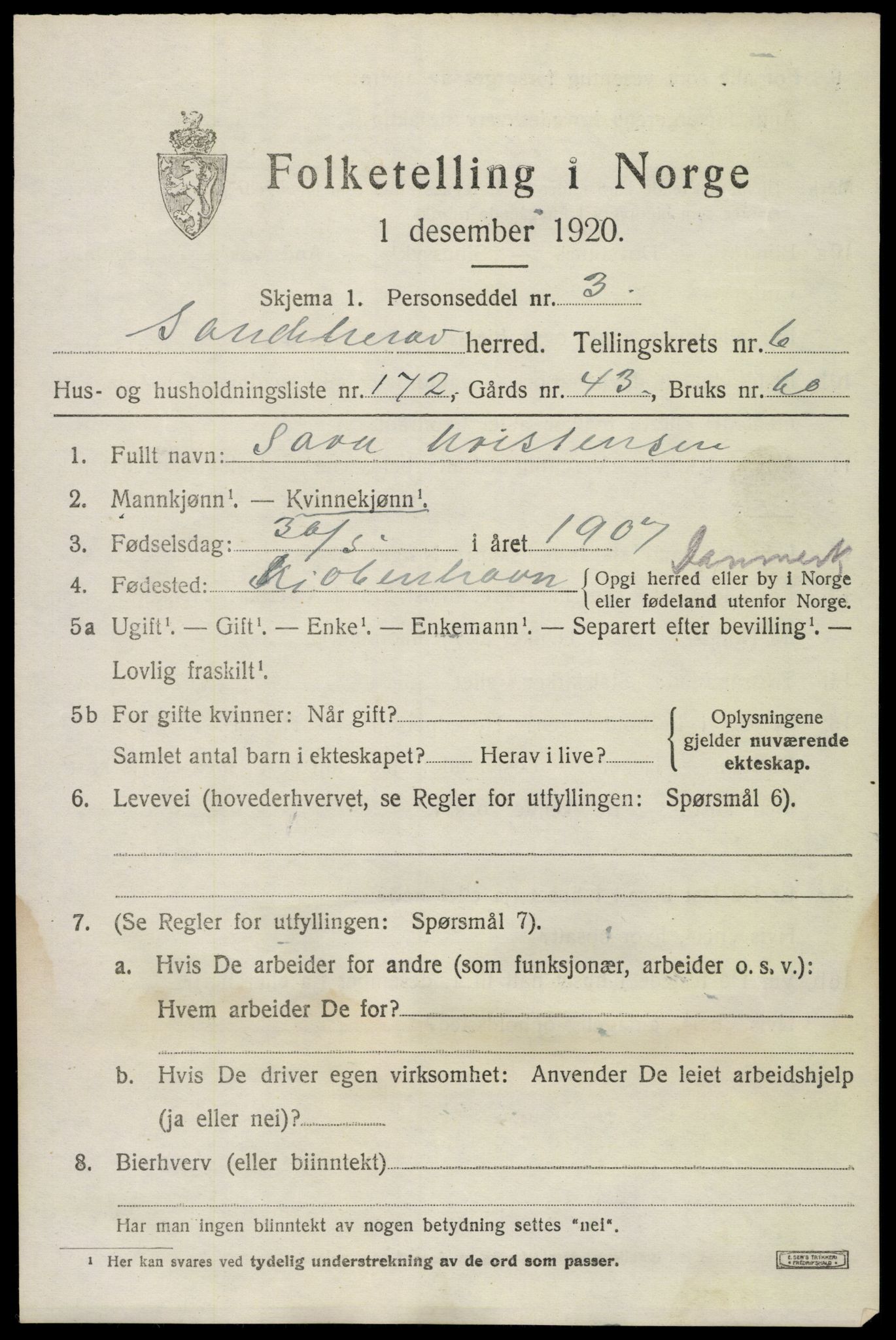 SAKO, 1920 census for Sandeherred, 1920, p. 11908