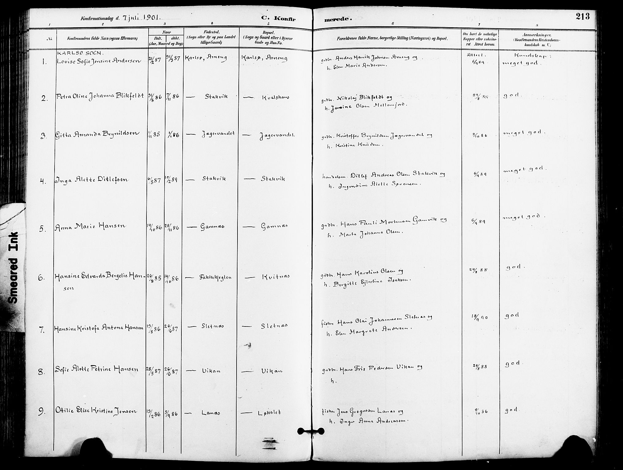 Karlsøy sokneprestembete, AV/SATØ-S-1299/H/Ha/Haa/L0007kirke: Parish register (official) no. 7, 1891-1902, p. 213