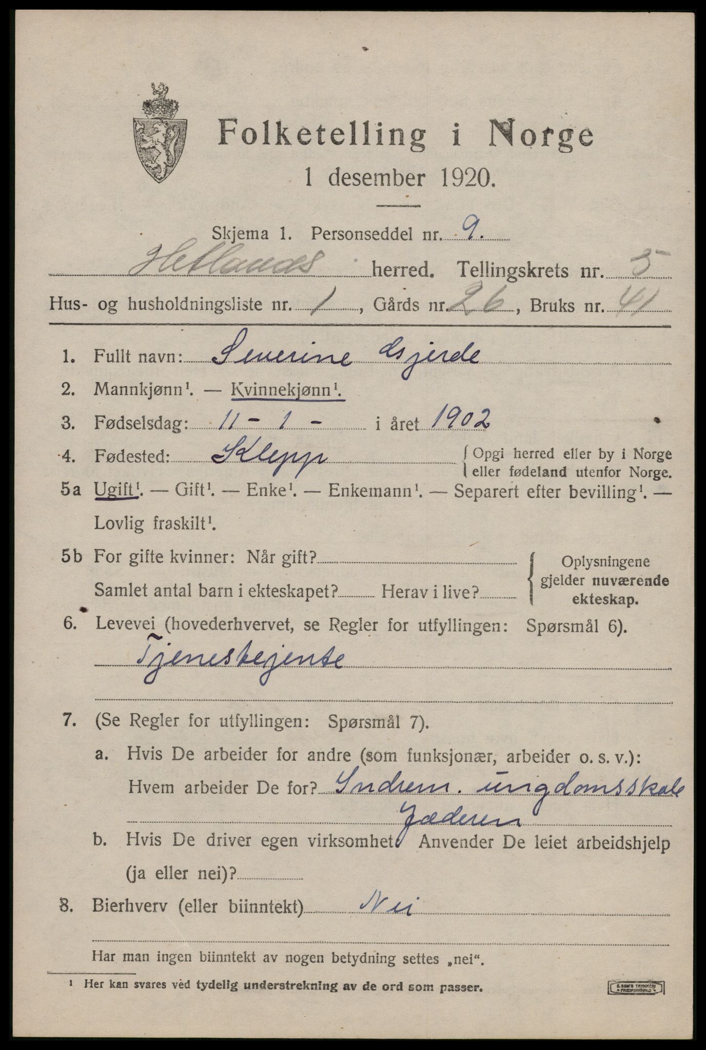 SAST, 1920 census for Hetland, 1920, p. 8169