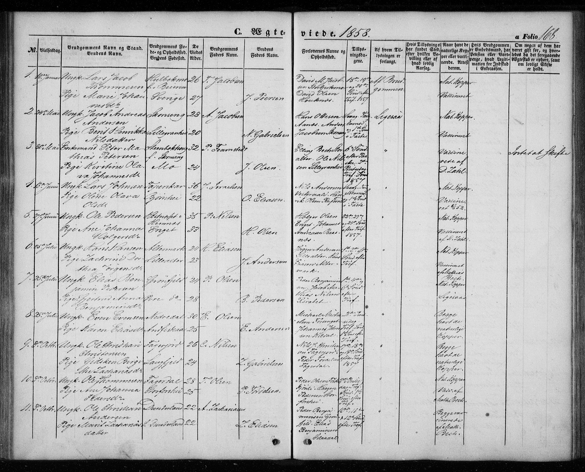 Ministerialprotokoller, klokkerbøker og fødselsregistre - Nordland, AV/SAT-A-1459/827/L0392: Parish register (official) no. 827A04, 1853-1866, p. 168