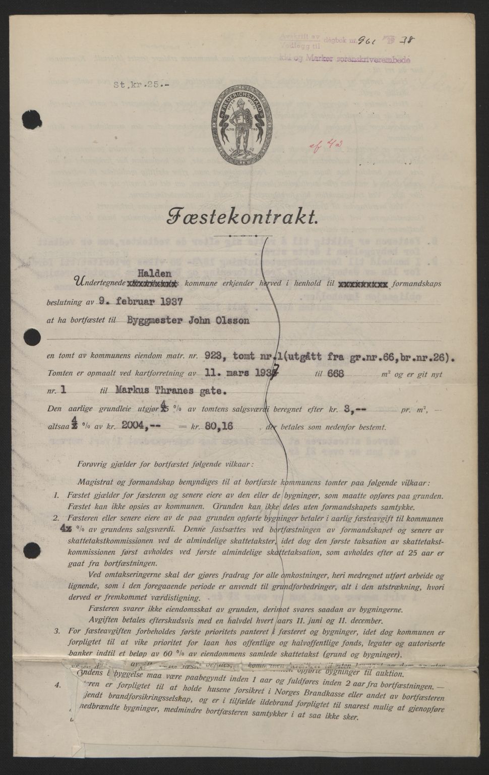 Idd og Marker sorenskriveri, AV/SAO-A-10283/G/Gb/Gbb/L0002: Mortgage book no. A2, 1937-1938, Diary no: : 961/1938