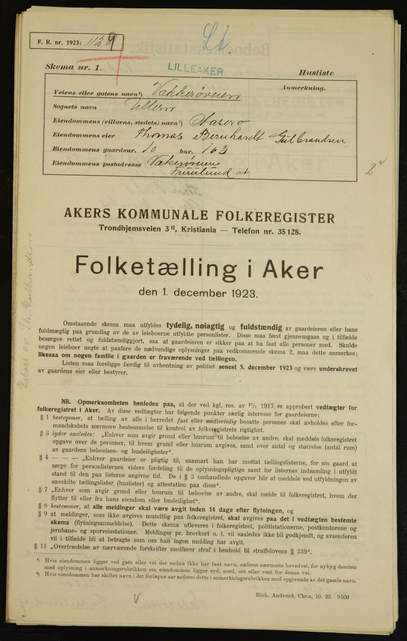 , Municipal Census 1923 for Aker, 1923, p. 6802