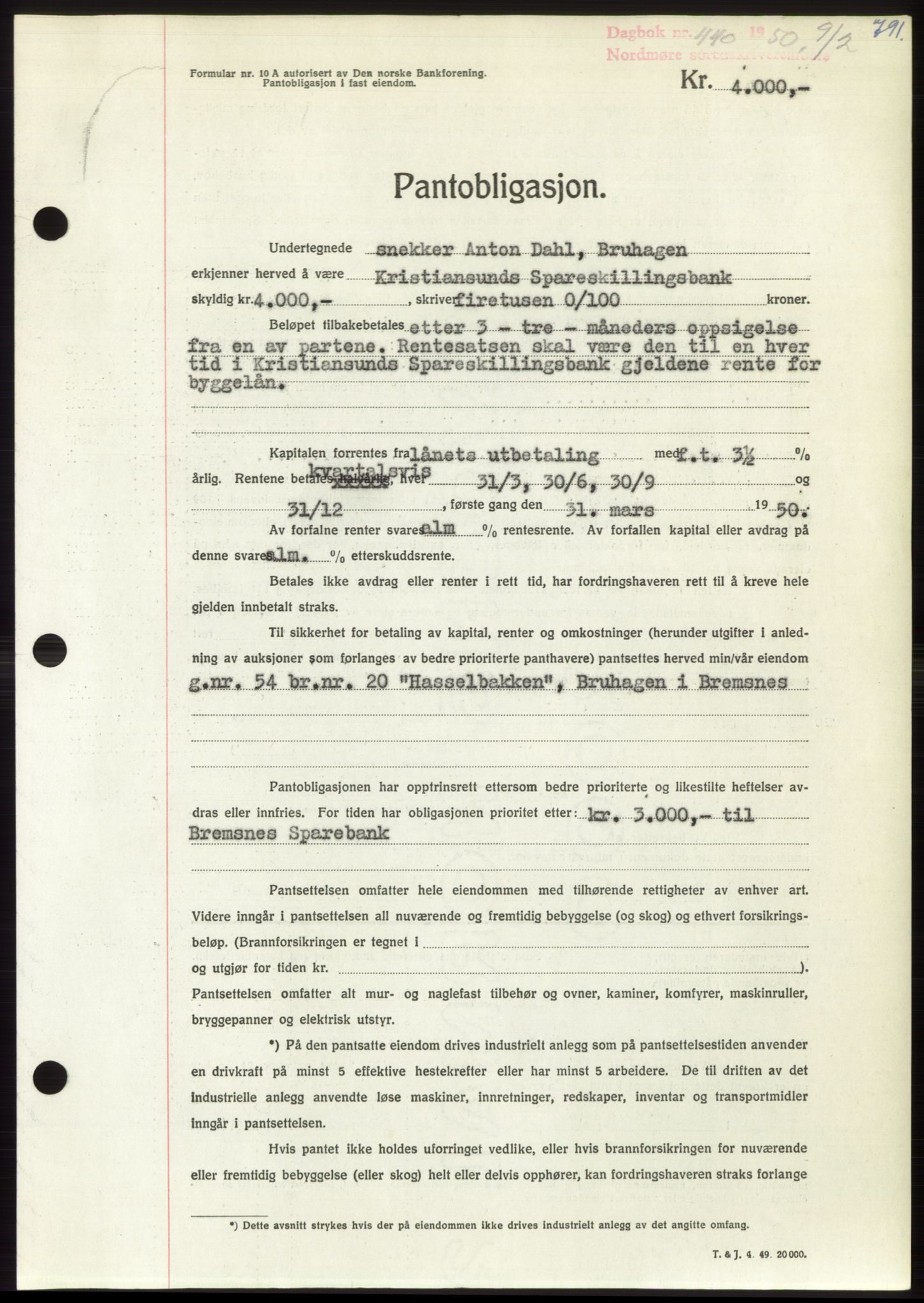 Nordmøre sorenskriveri, SAT/A-4132/1/2/2Ca: Mortgage book no. B103, 1949-1950, Diary no: : 440/1950