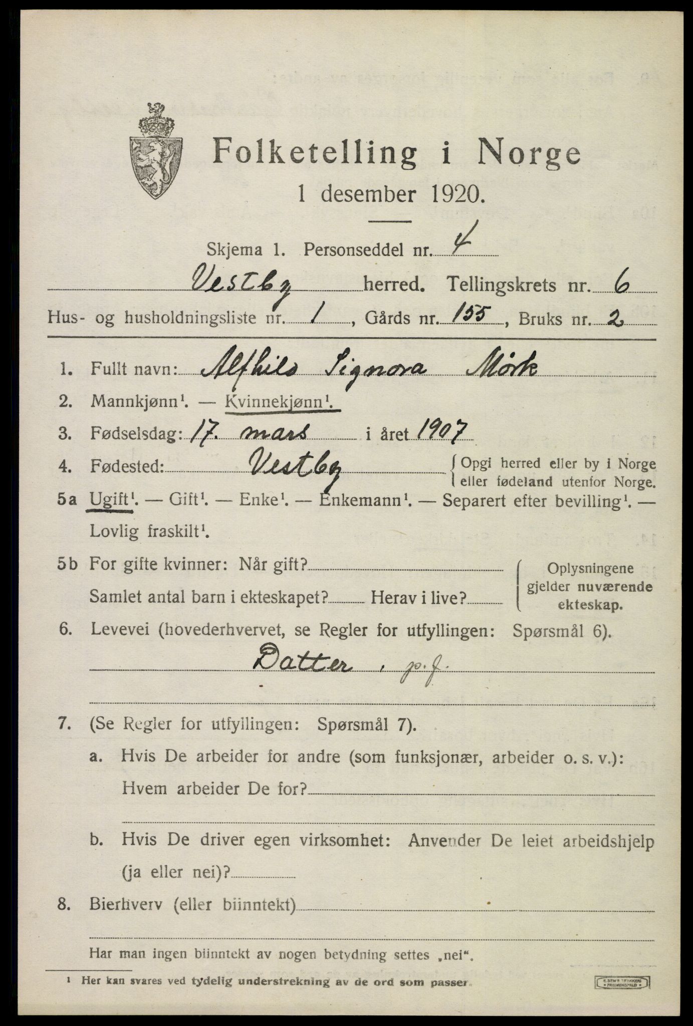 SAO, 1920 census for Vestby, 1920, p. 6823