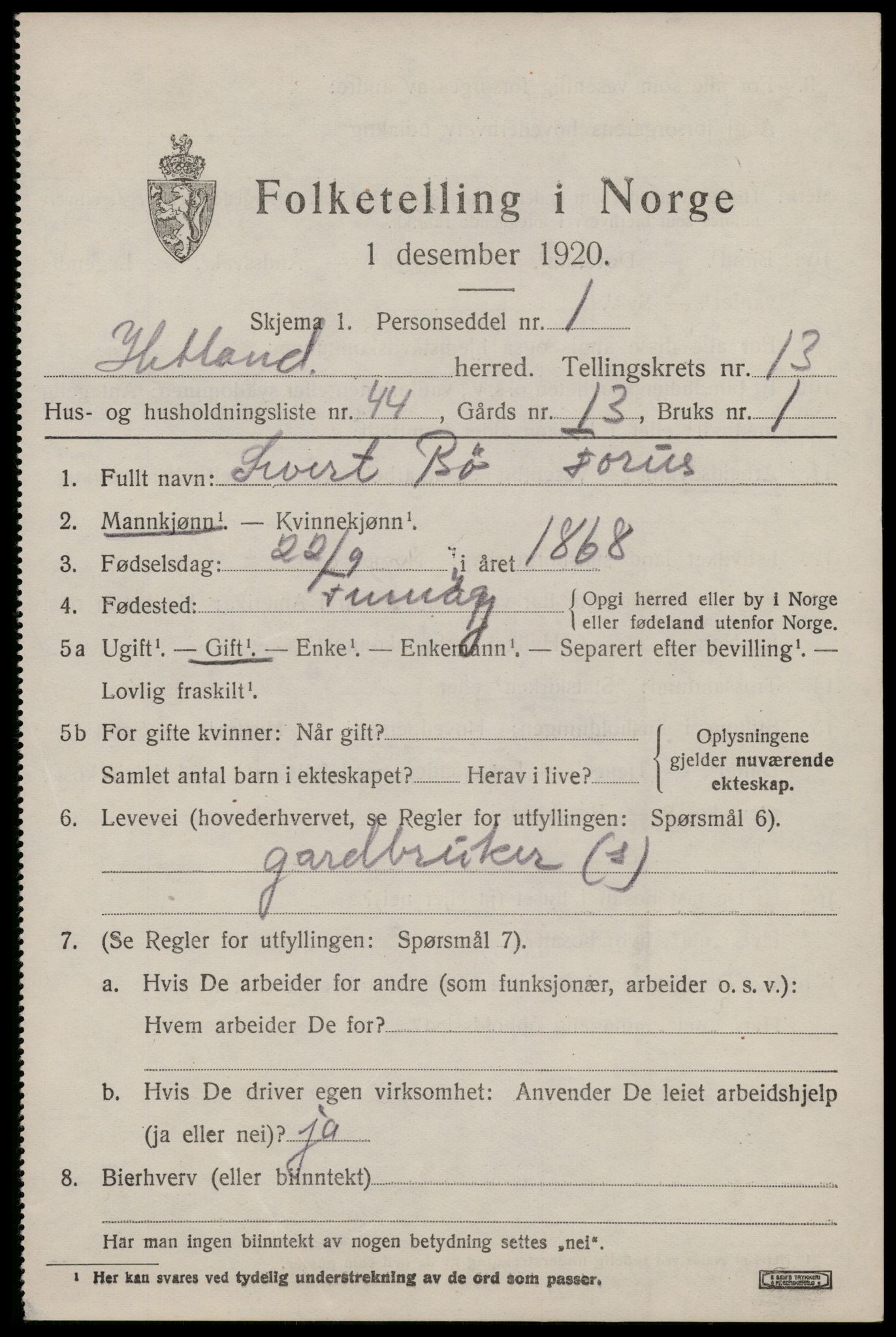 SAST, 1920 census for Hetland, 1920, p. 22019