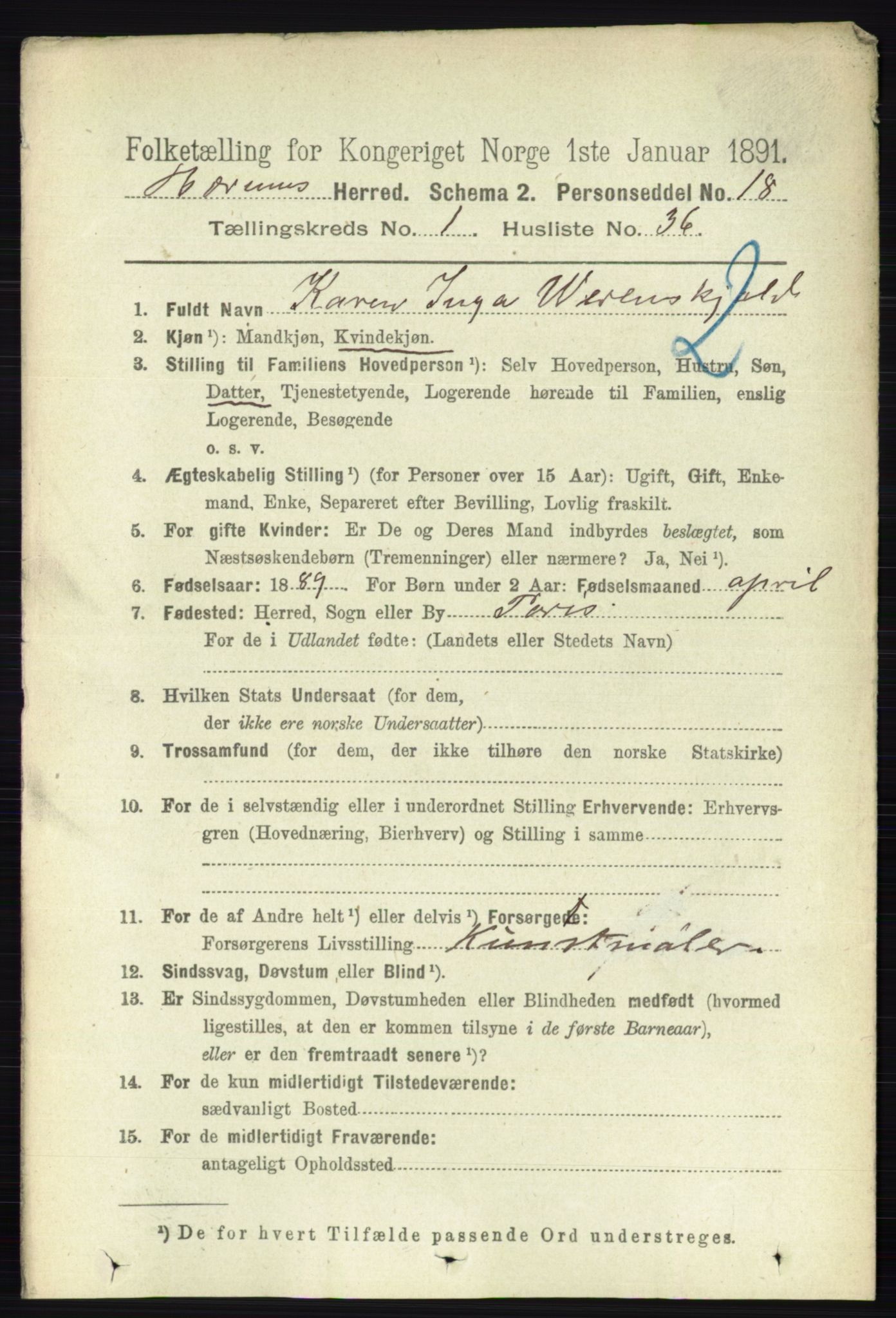 RA, 1891 census for 0219 Bærum, 1891, p. 484