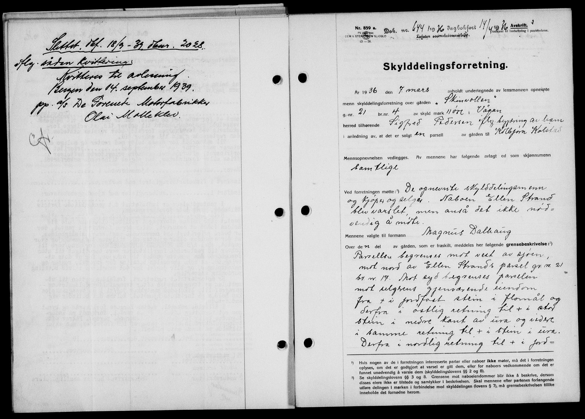 Lofoten sorenskriveri, SAT/A-0017/1/2/2C/L0033b: Mortgage book no. 33b, 1936-1936, Diary no: : 644/1936